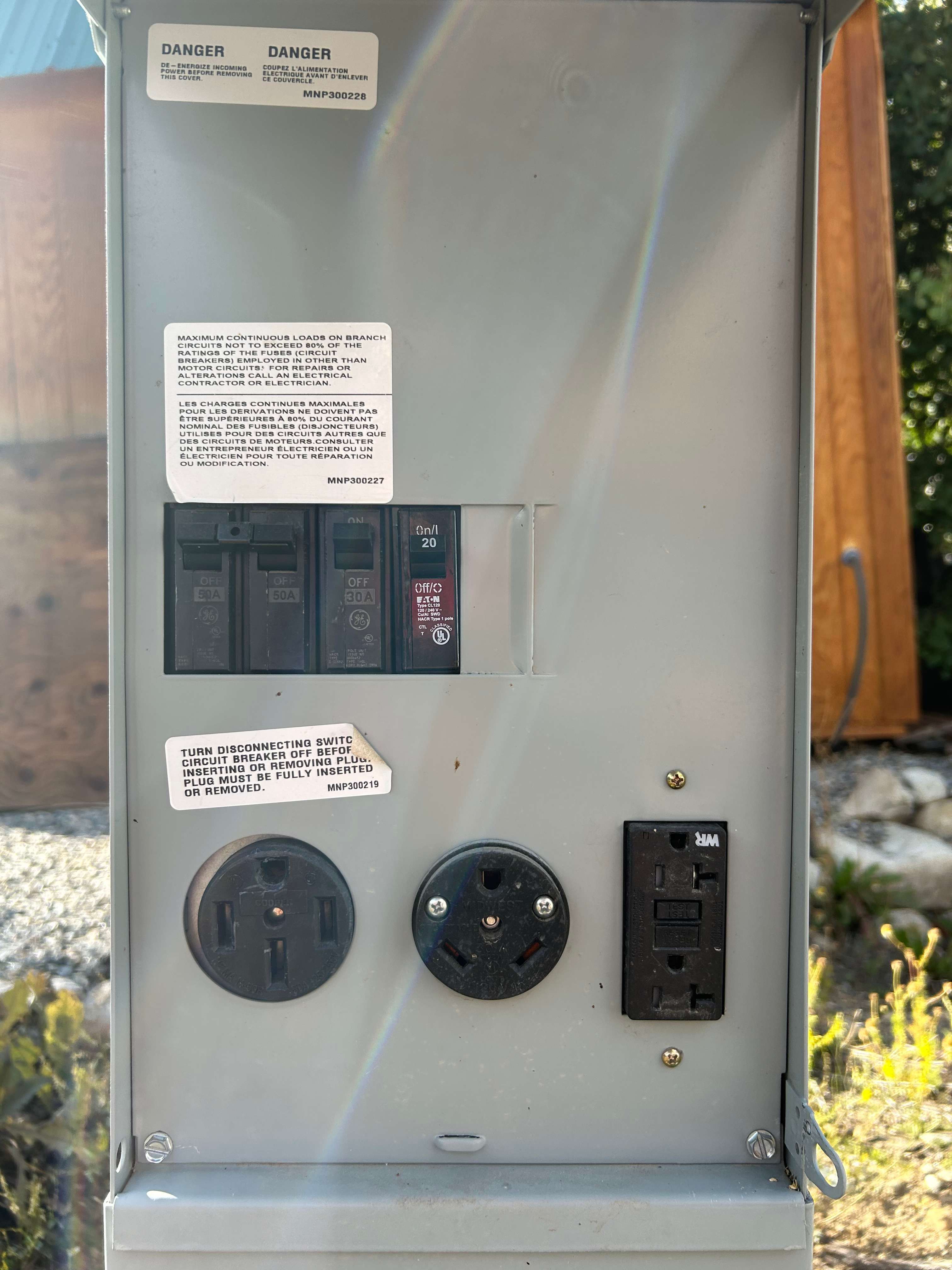 50, 30 and two 20 amp electrical outlets 