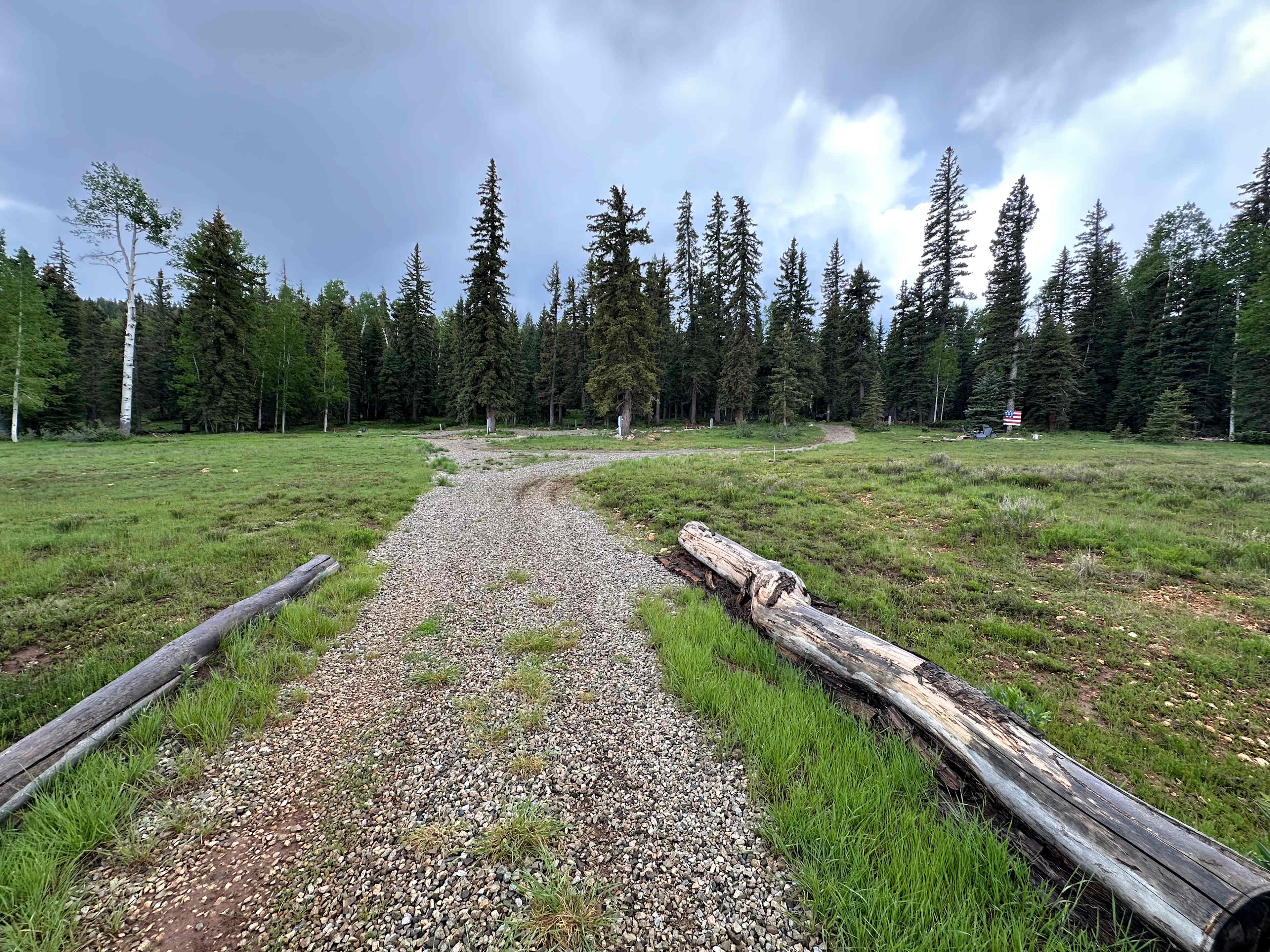 This is the driveway in, and the site is directly in front of you if you continue driving straight. The fire pit is to the right by the American Flag.