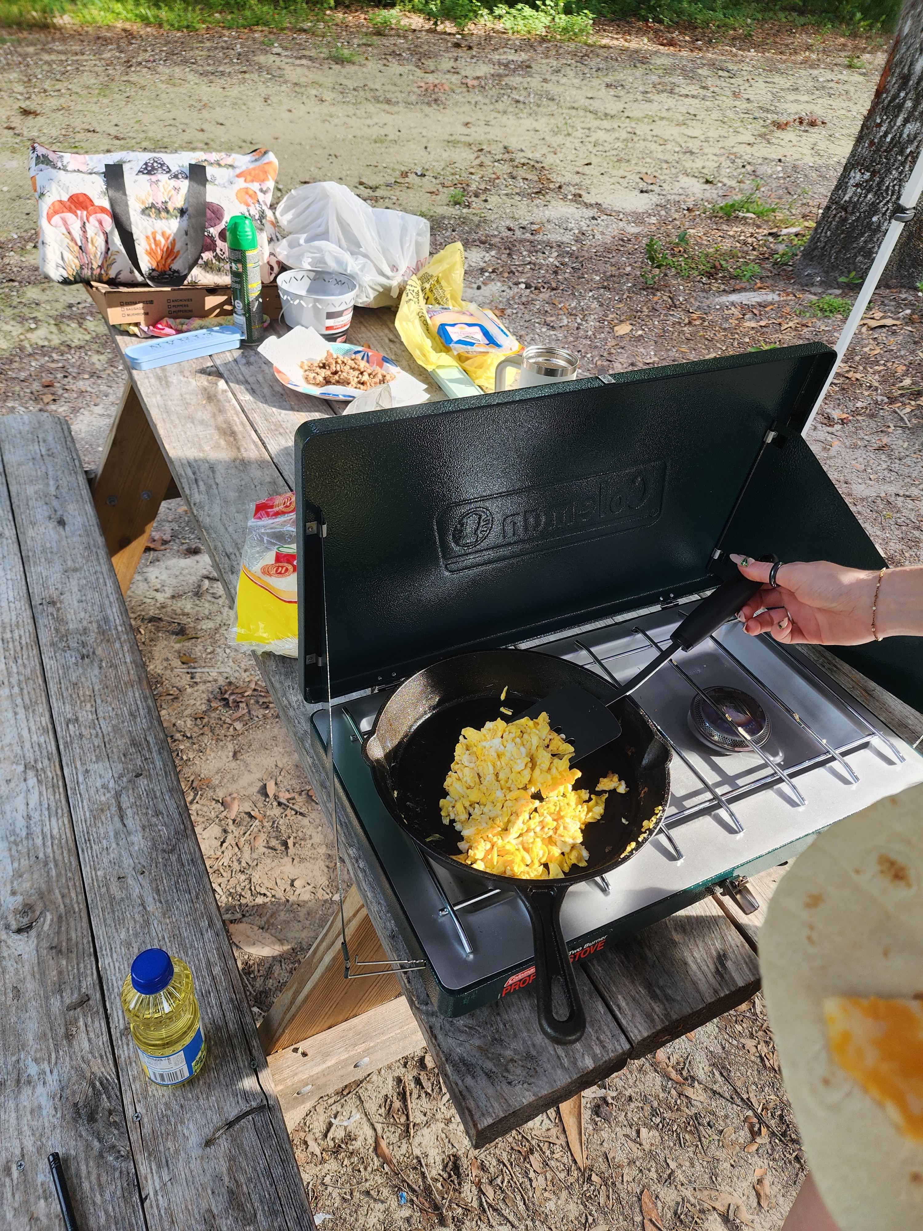 Picnic table is perfect for breakfast