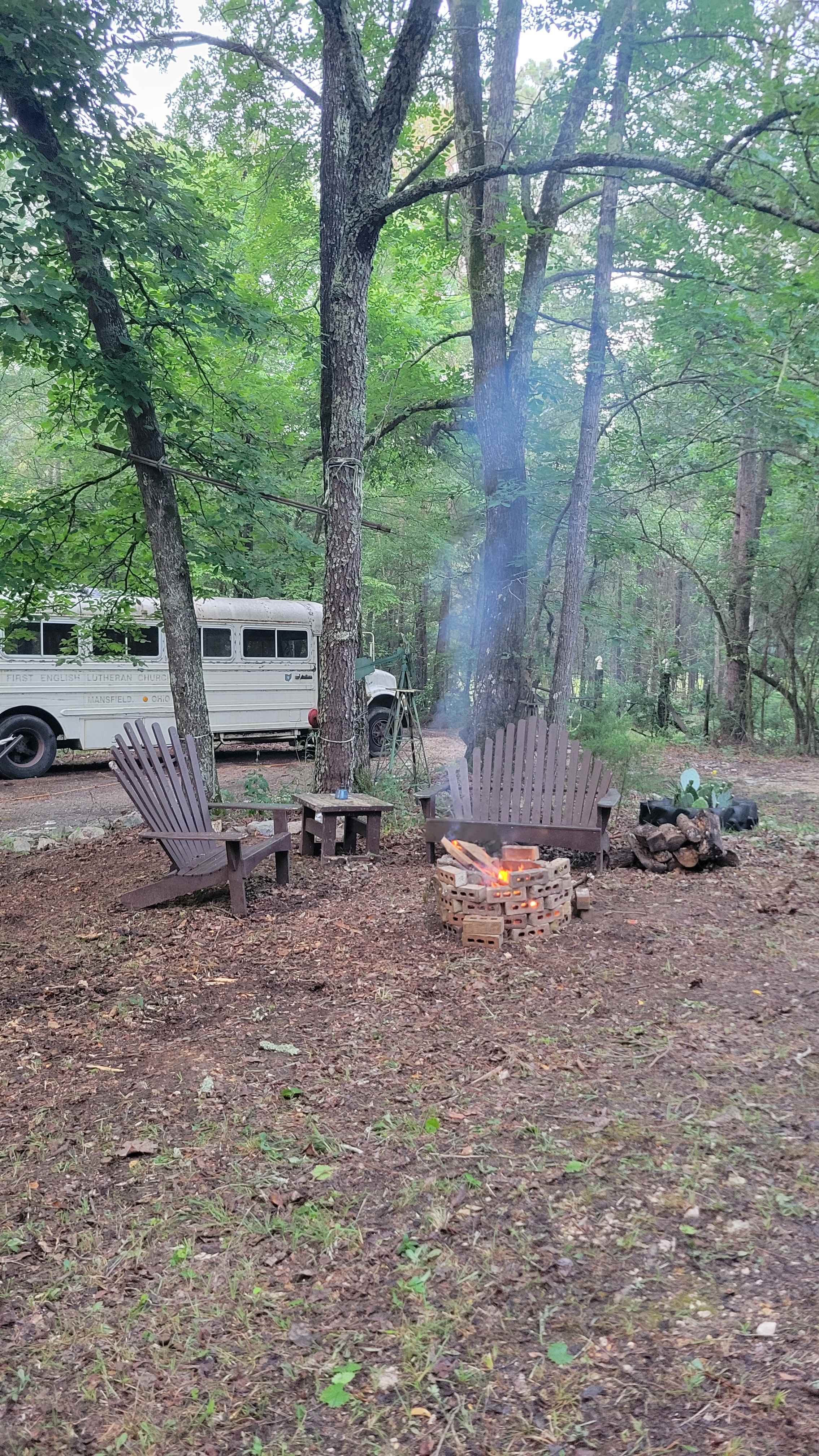 Fire pit and benches for campsite, wood provided for an extra cost. Feel free to use any twigs, sticks, wood laying around campsite to start fires.