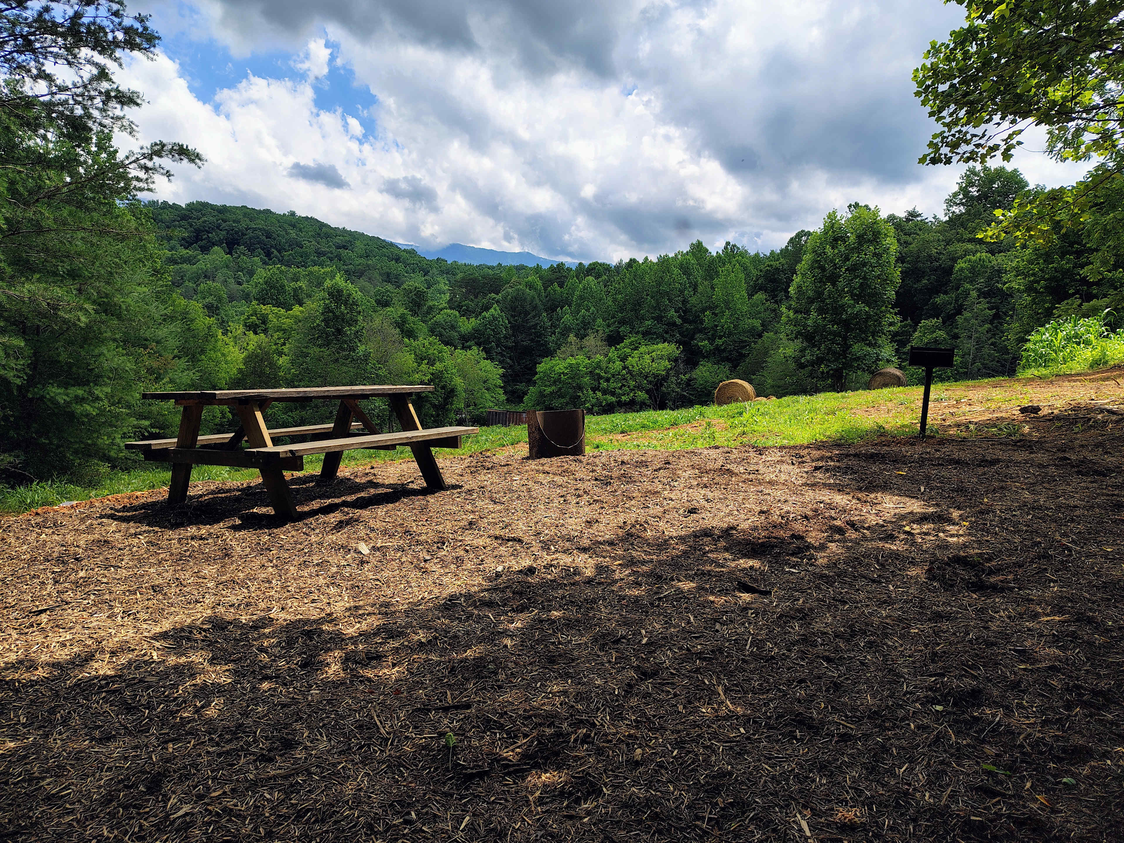 Hilltop Mountain View Site 5: Muchled tent spot, fire pit, charcoal grill, parking for 2 cars close by