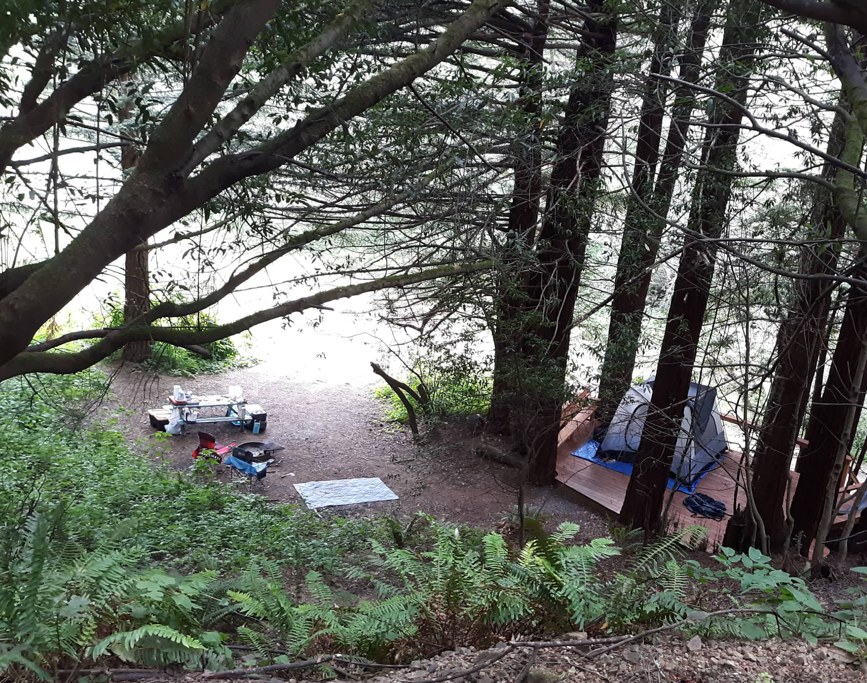 Looking down upon Redwood Campsite #3. Note tent deck on right. 