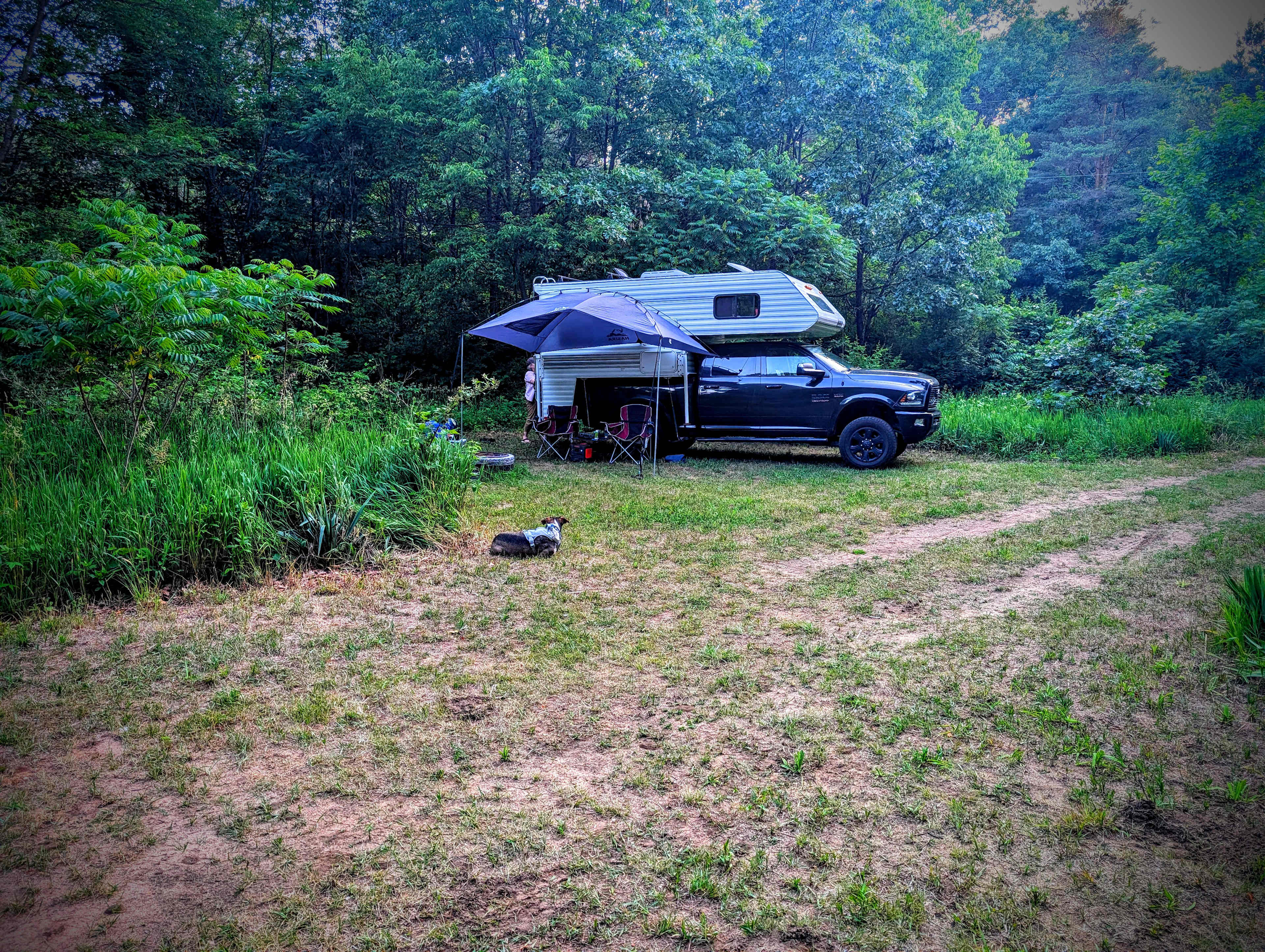 Truck facing north, vehicle and trees create evening shade!