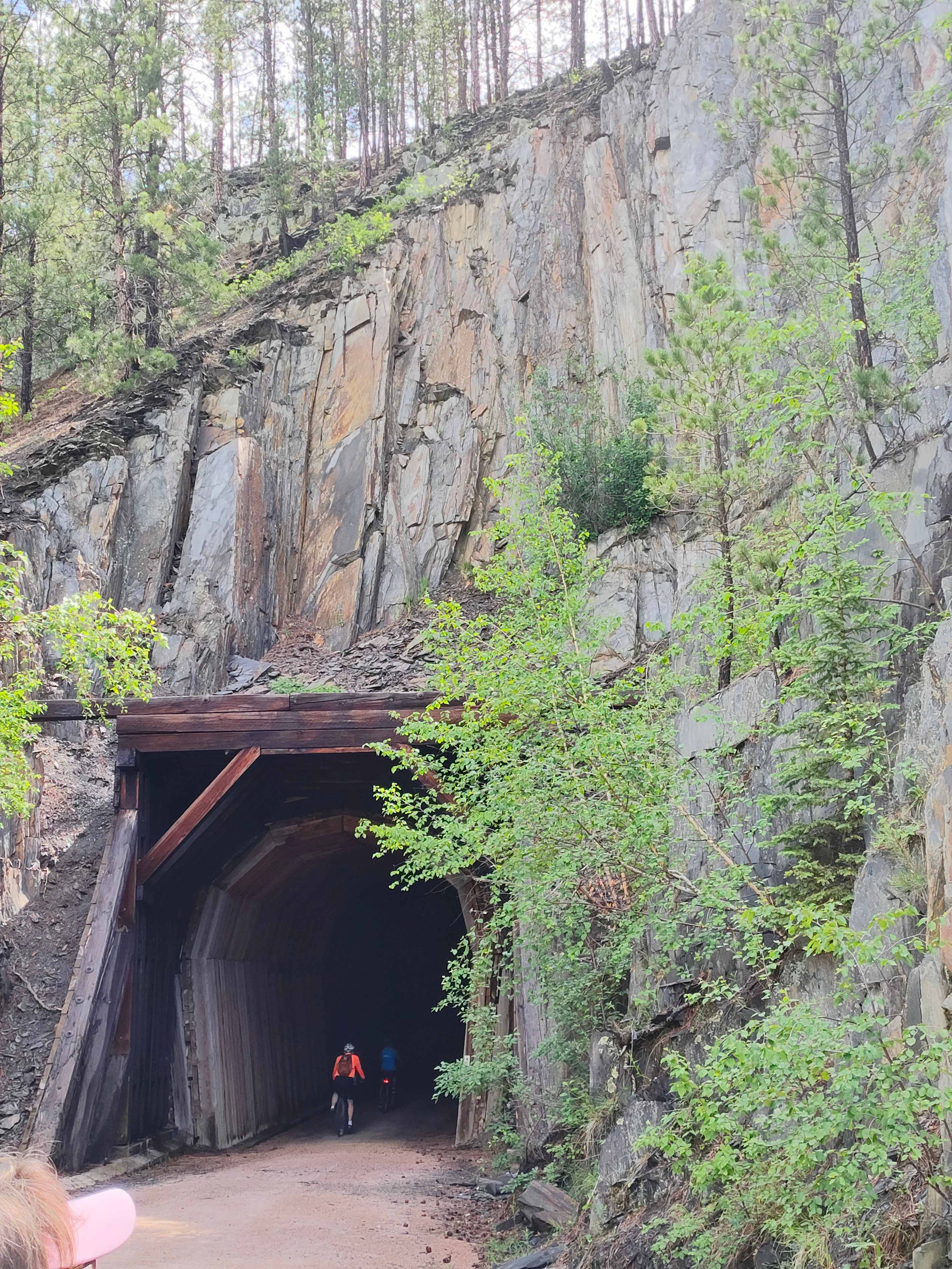 Traversing a tunnel on the nearby Mickelson Trail.