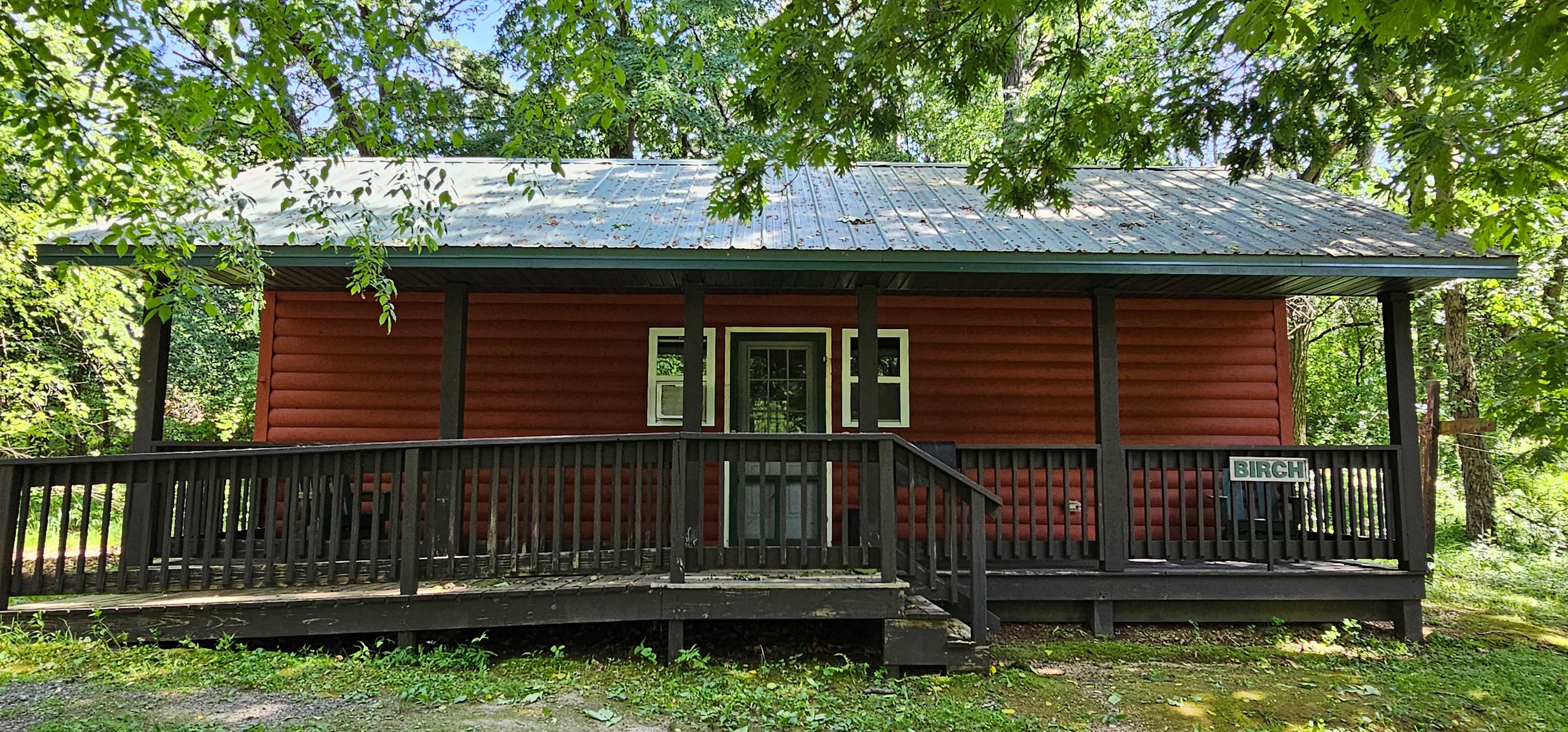 Exterior of Birch Cabin. 