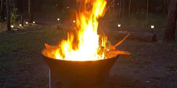 Fire pit and outdoor wood barbeque are available with plenty of wood stacked up nearby. 