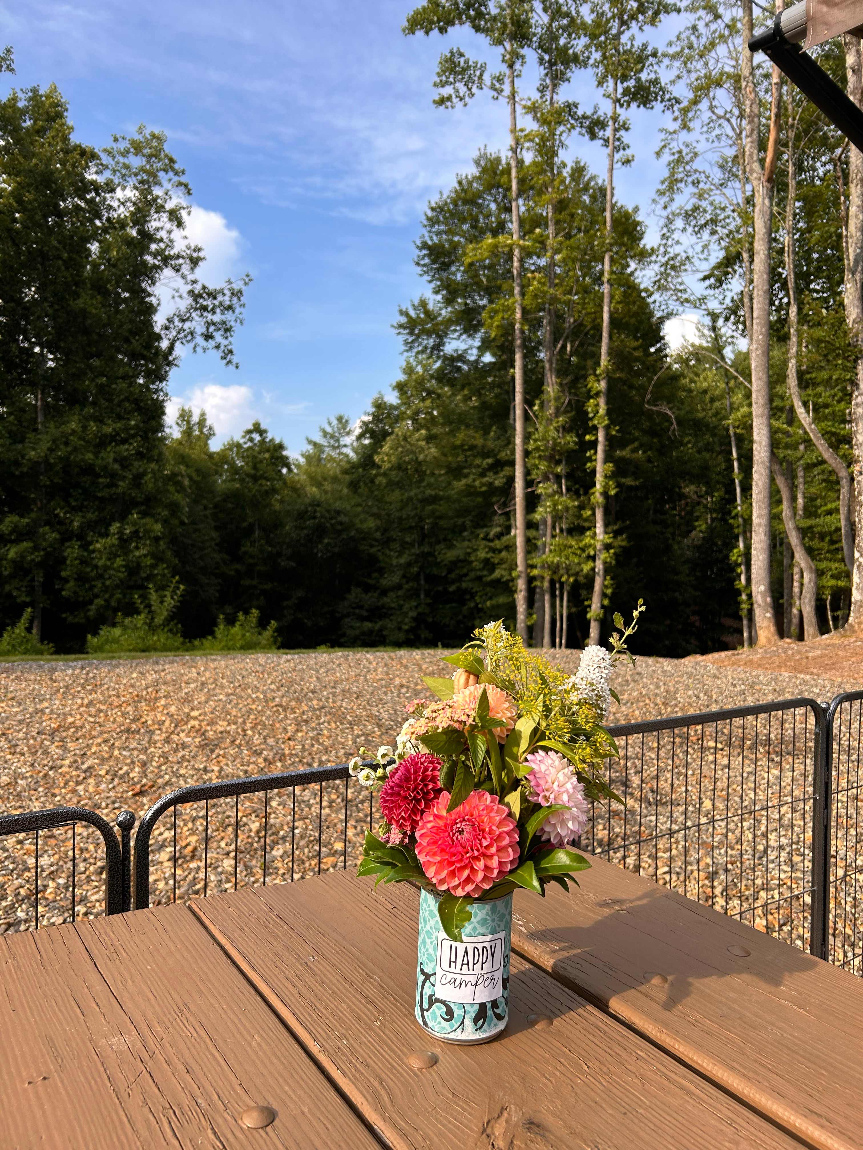 Welcome flowers and view from picnic table