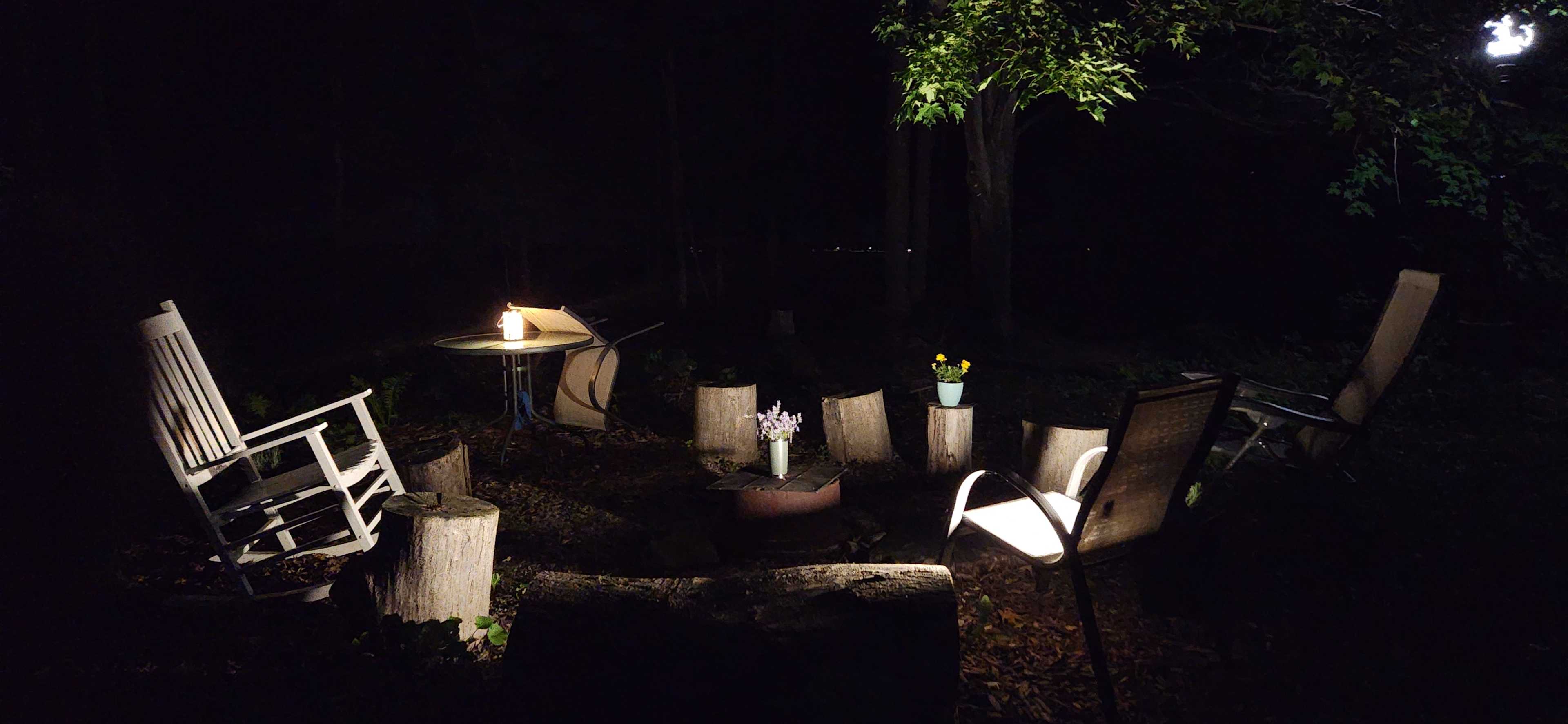 The firepit area at night