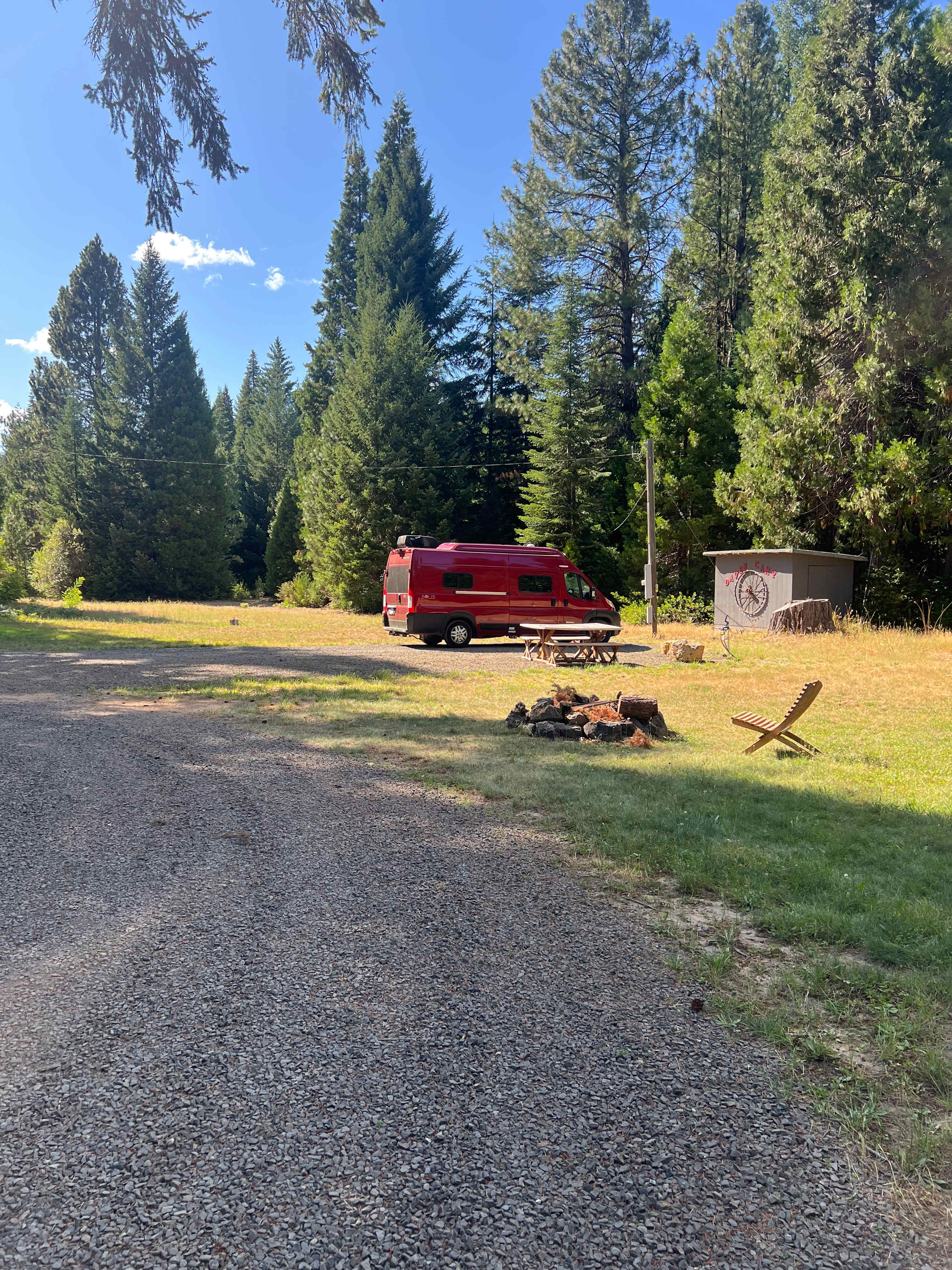 Fire pit, chair, picnic table, and hookups 