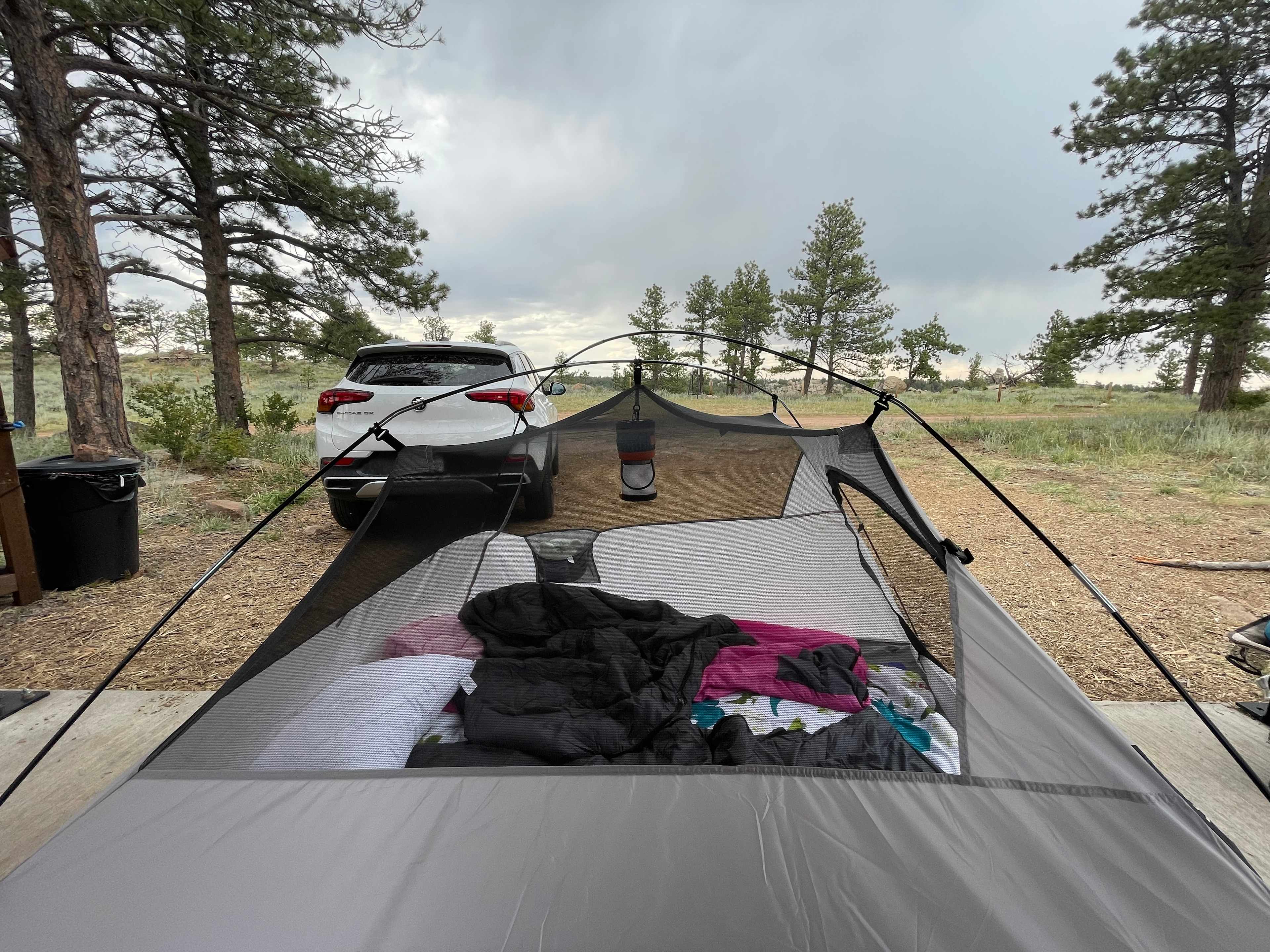 It rained off and on and we didn’t have a cover so we opted to move our tent under the structure a bit more. 