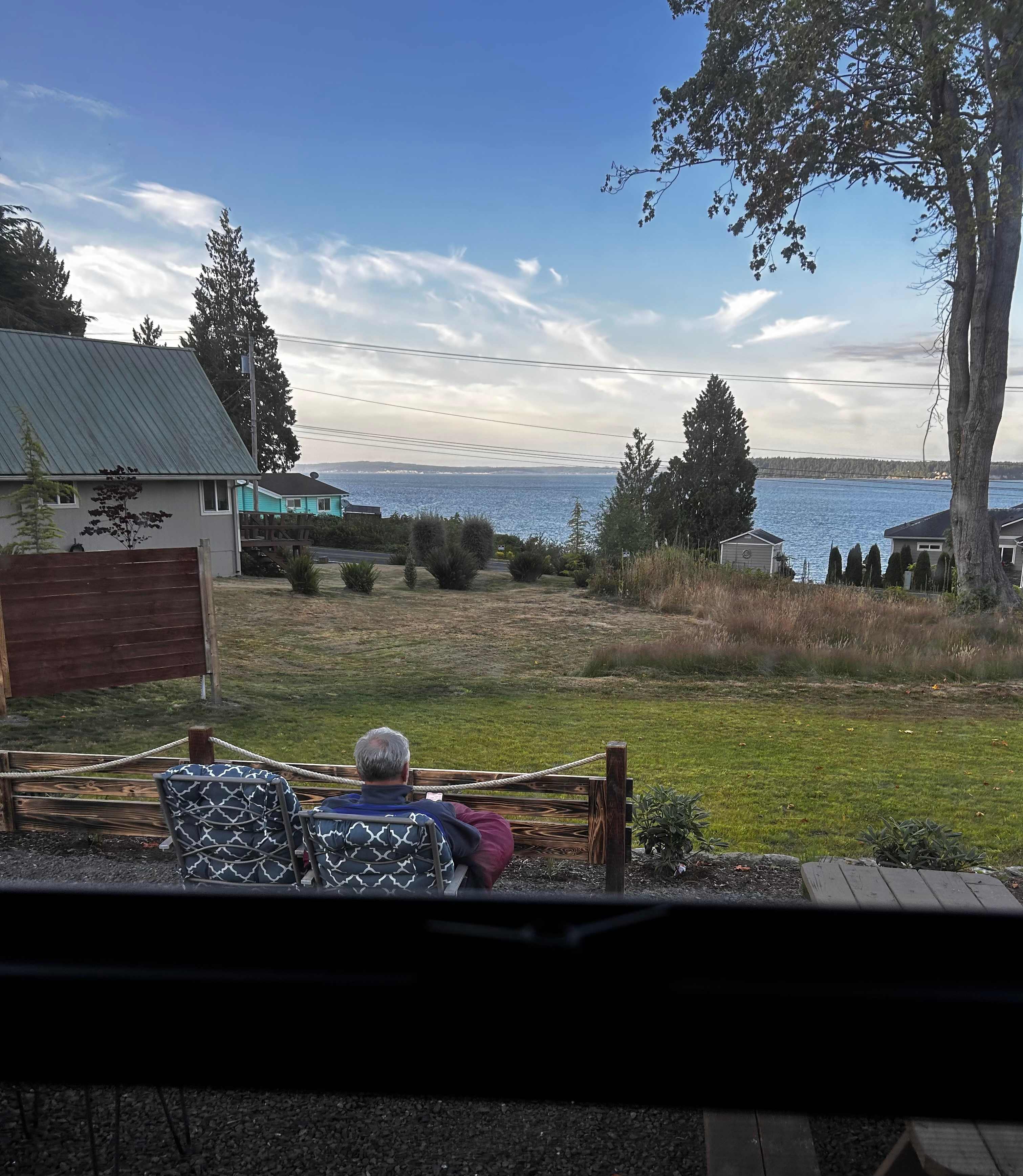 View from the window of our RV with the Puget Sound in the distance. 