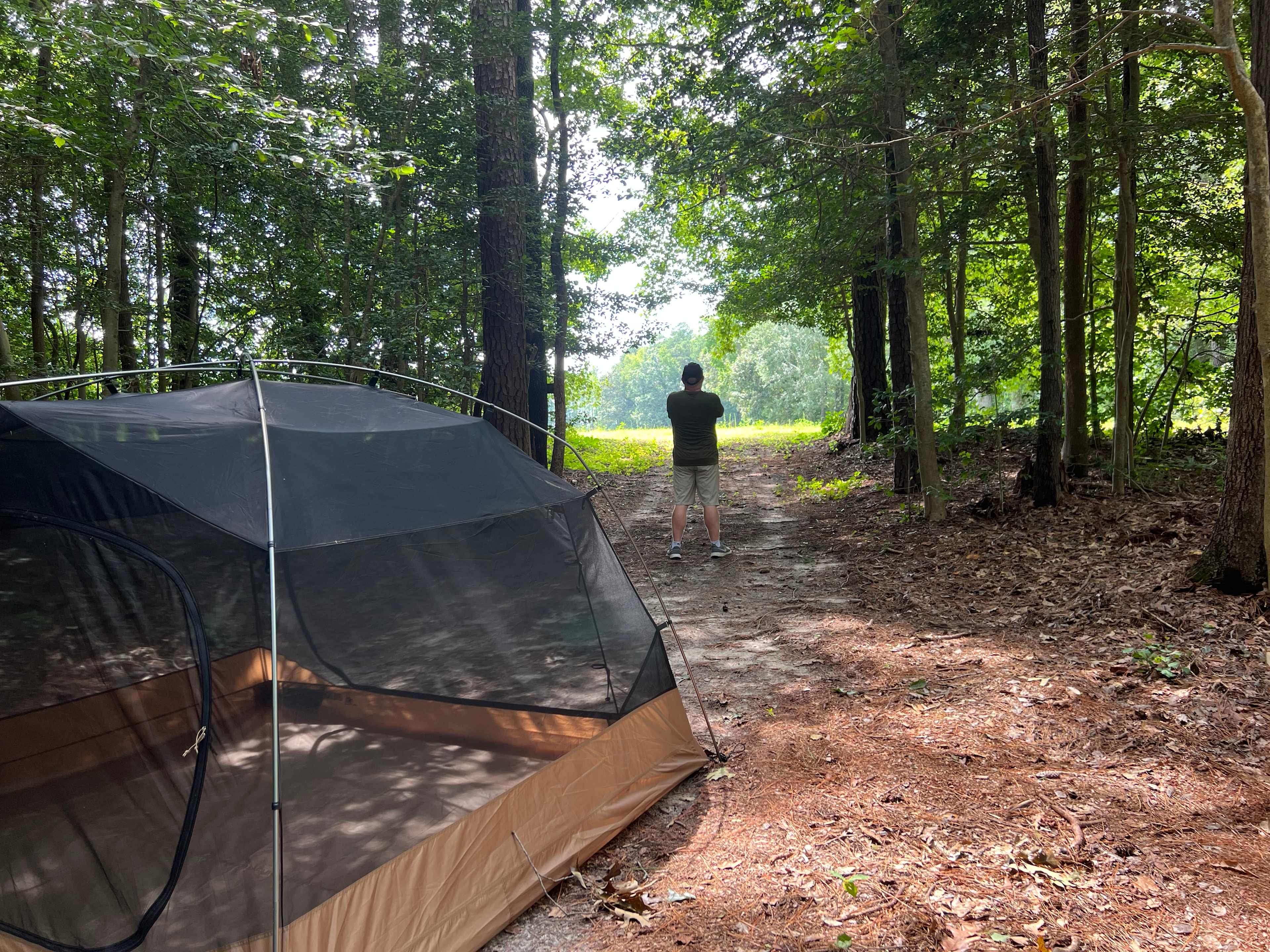 Tent setup with me looking out to the field 
