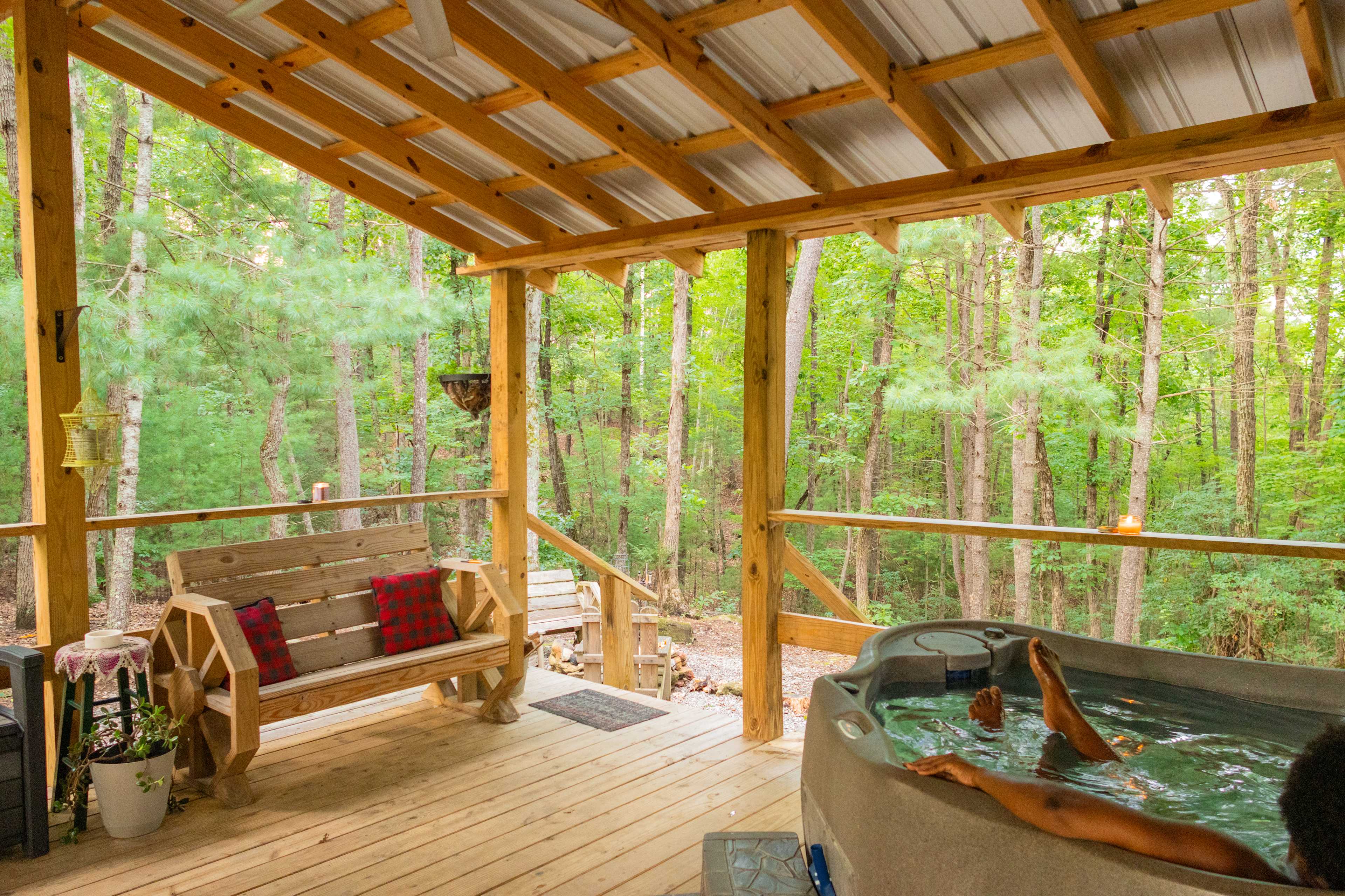 Melting away my worries in the hot tub on the back porch 