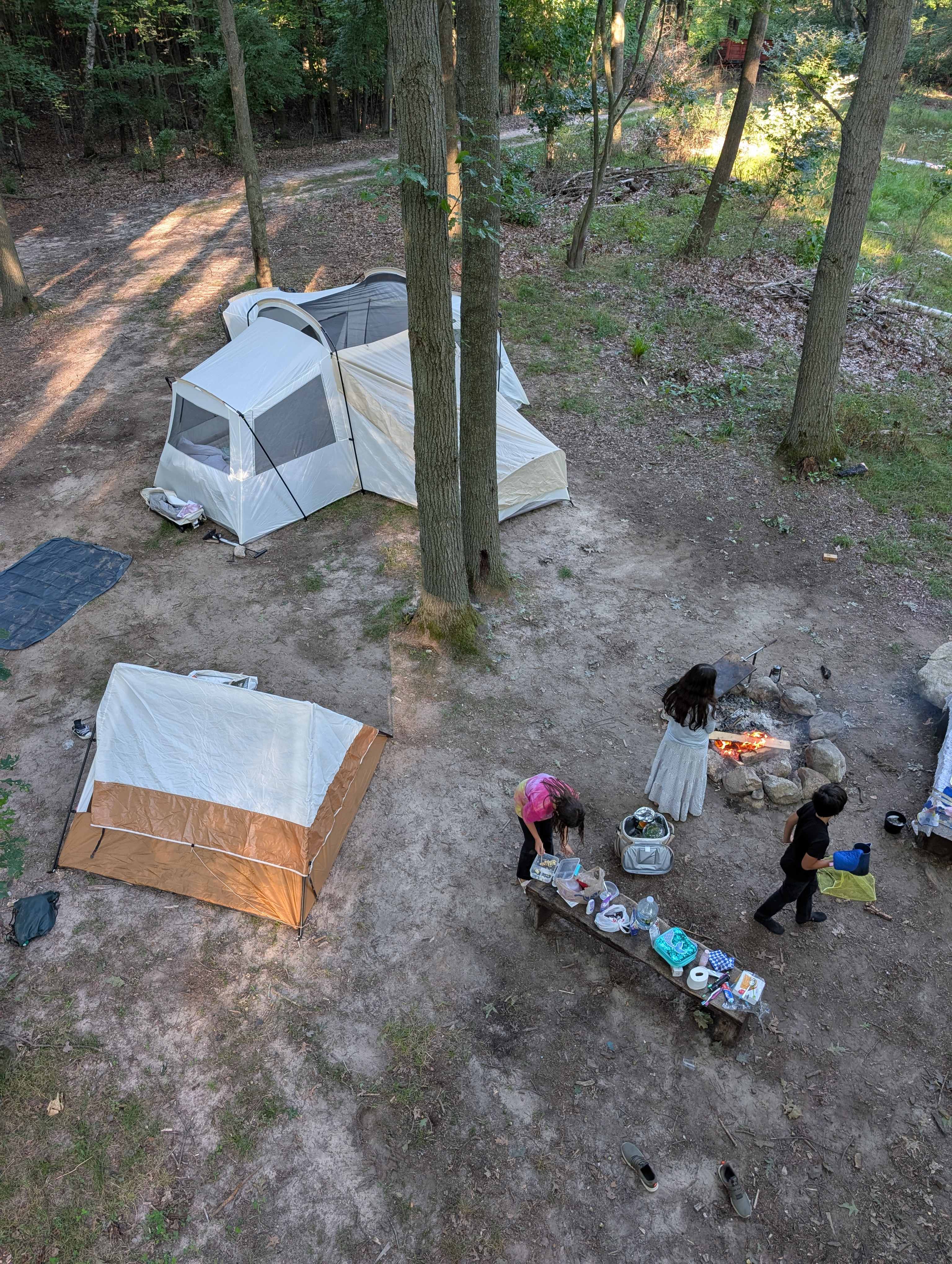Here is a picture from the treehouse of the campsite and how we arranged our tents.