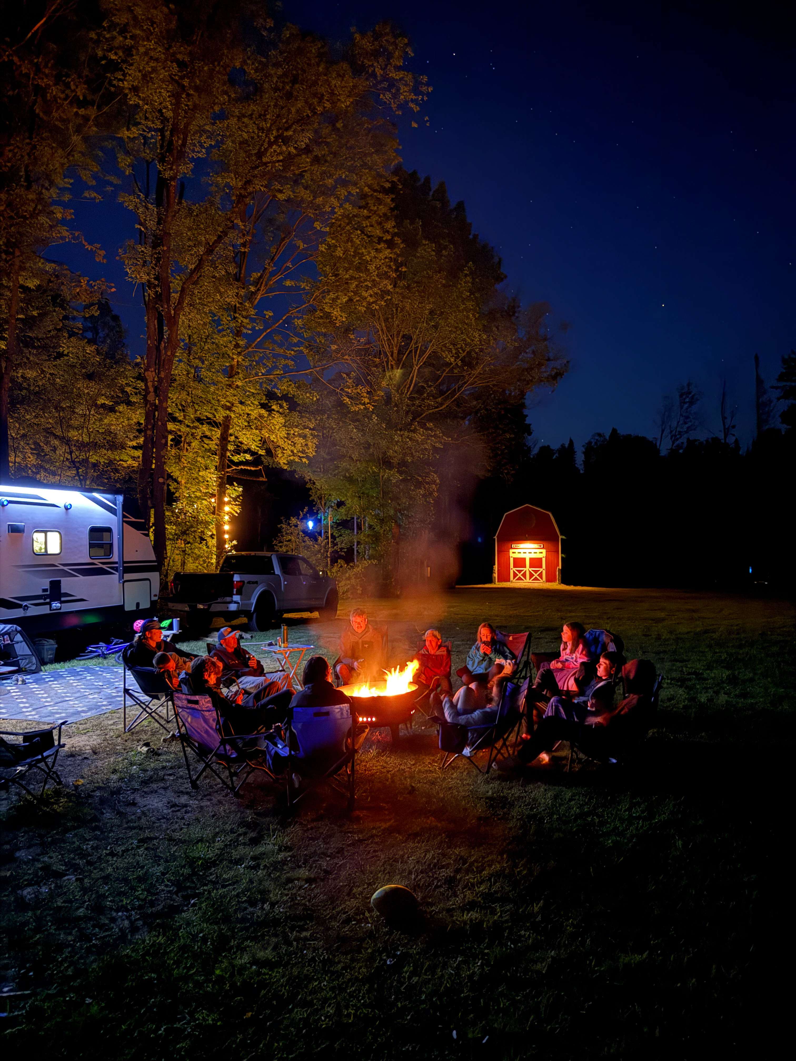 Campfire beneath an open sky.