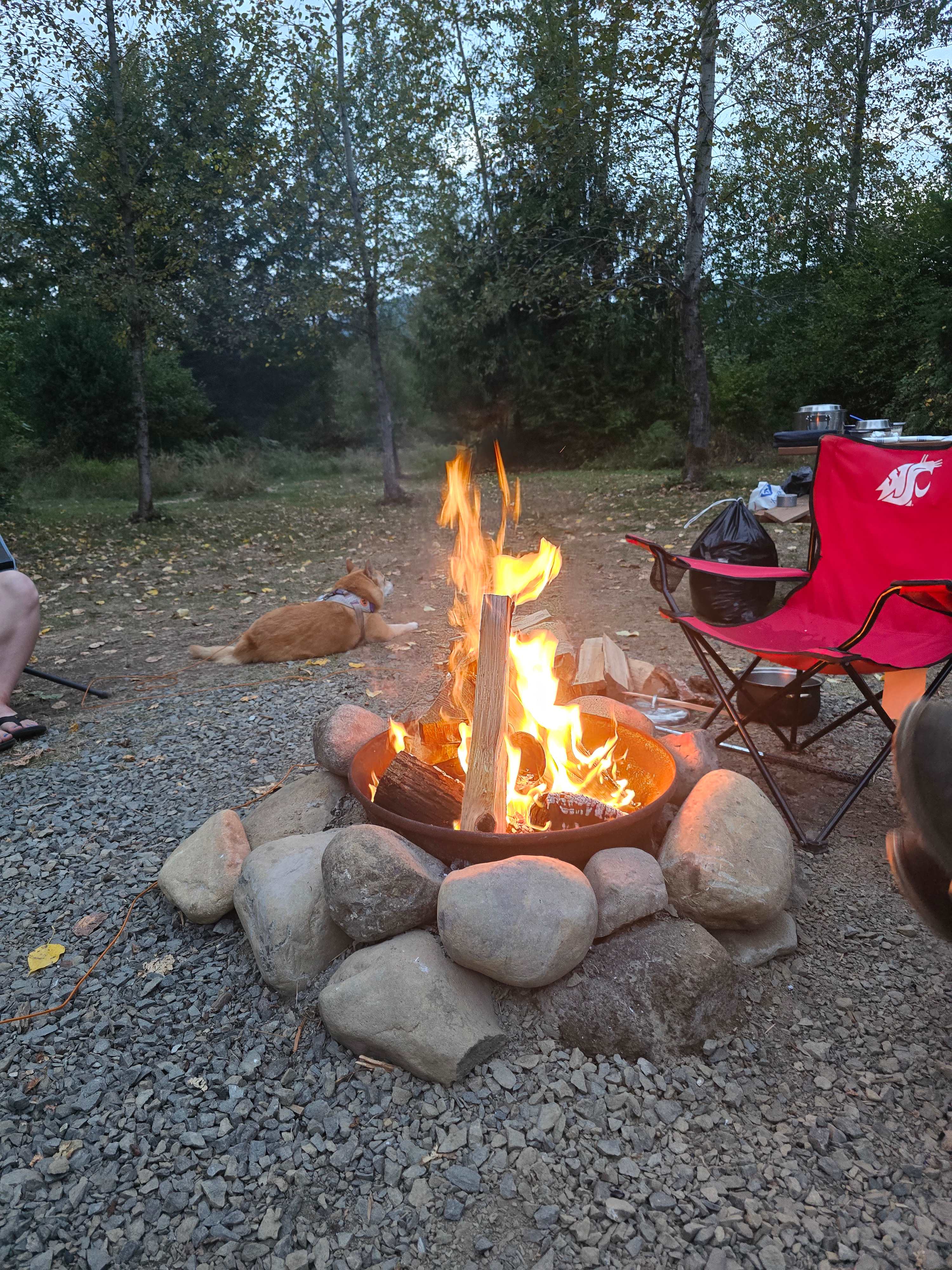 Large campfire with a protective gravel circle