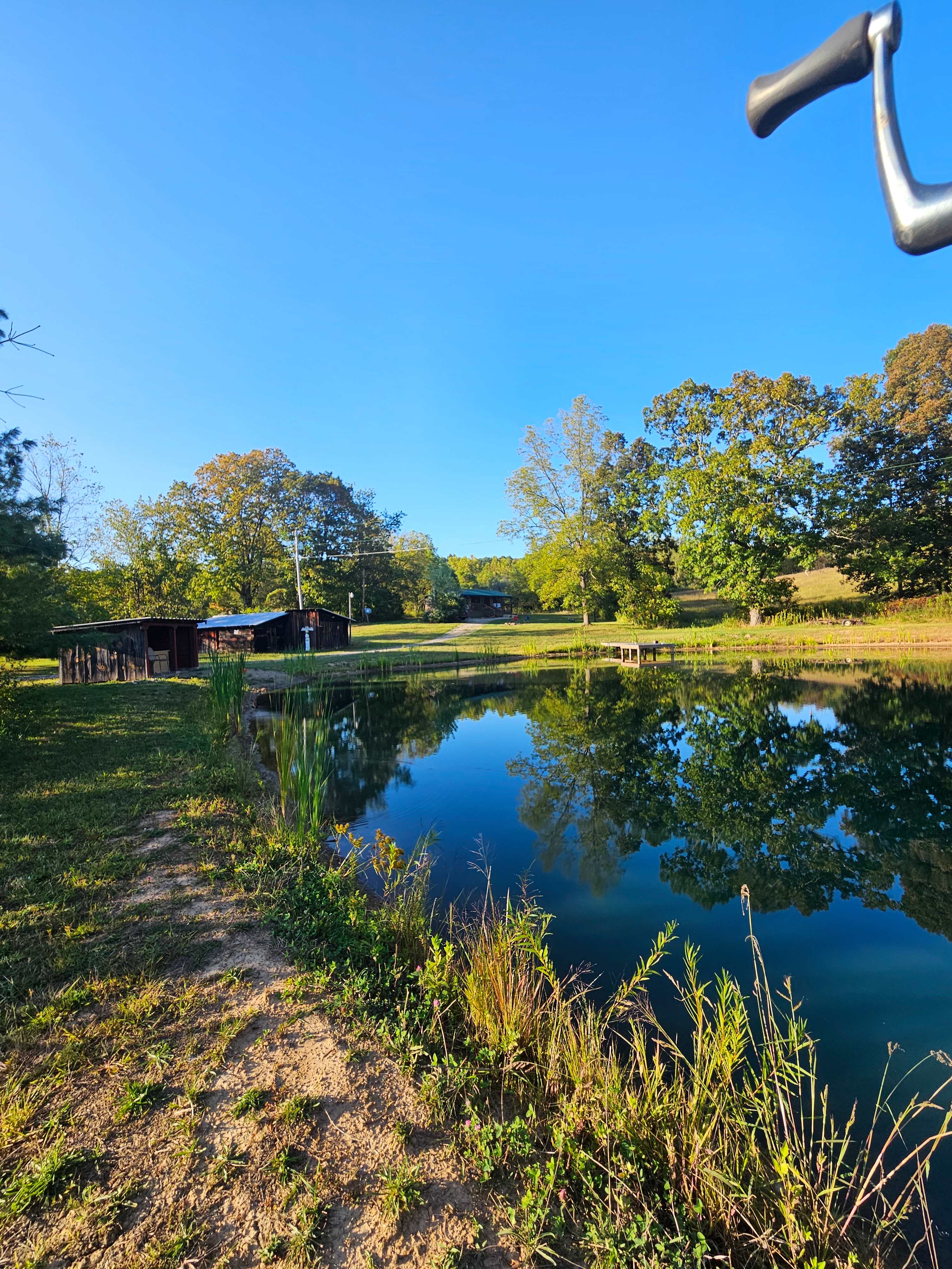 View from the dock of private pond at Bear Den, facing toward cabin 