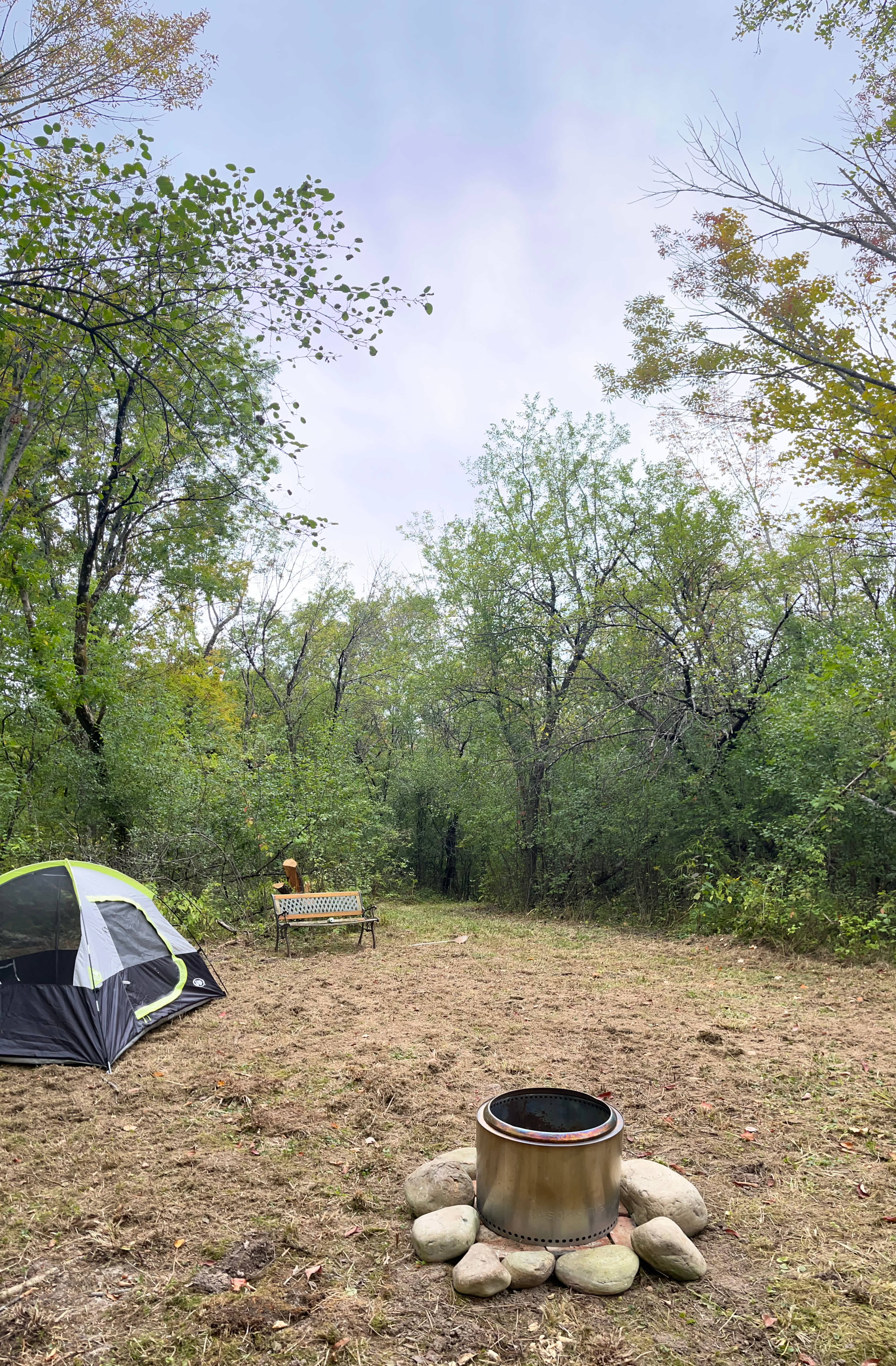 Campsite showing what a 2-person tent would look like. Easily room for 4-person tent or multiple tents. Behind the bench is one of the multiple pathways in the woods.