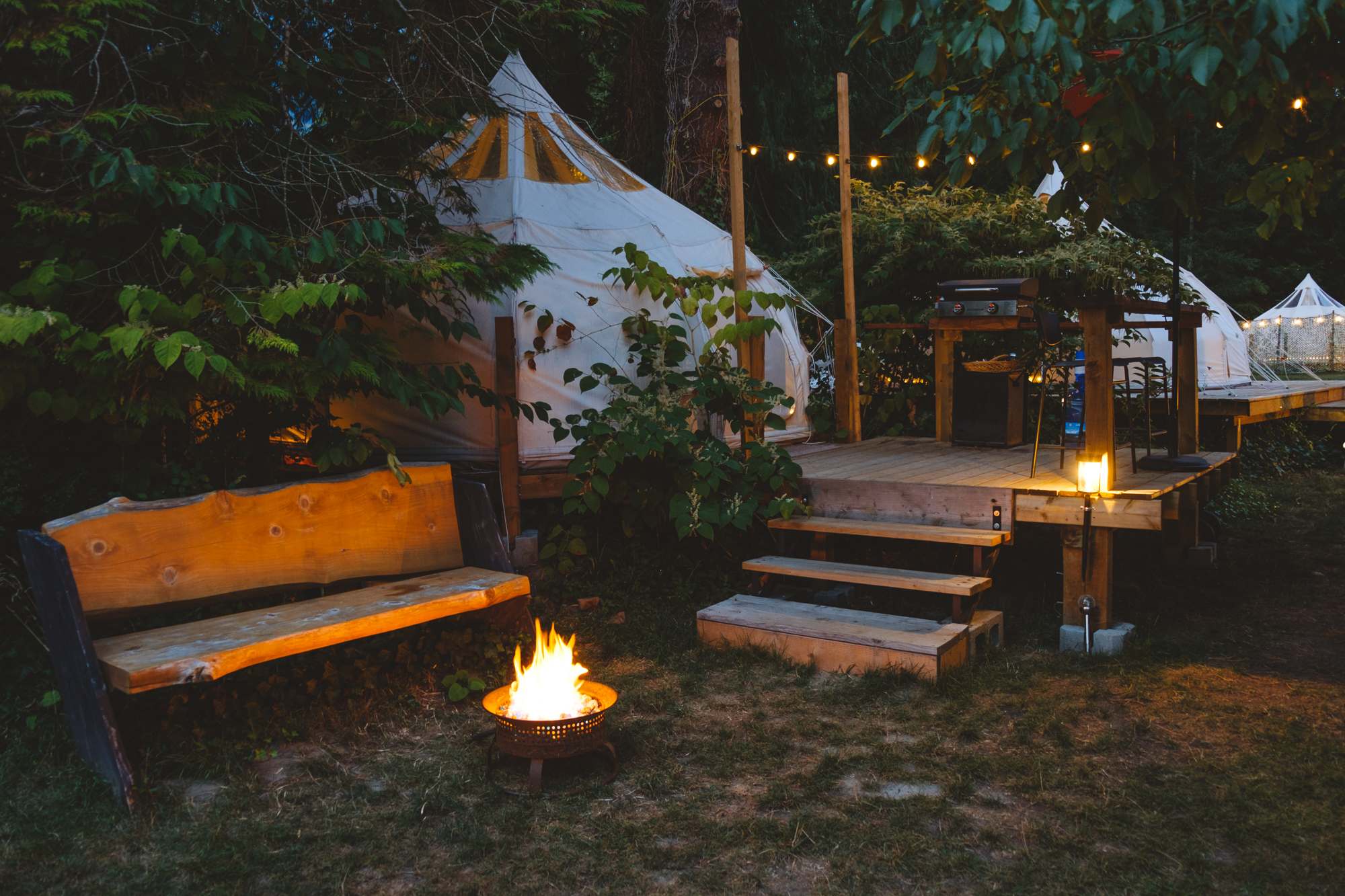 When the lights come on at night, the vibe is magical. I had a cozy night by my propane fire and enjoyed the sound of the river! 