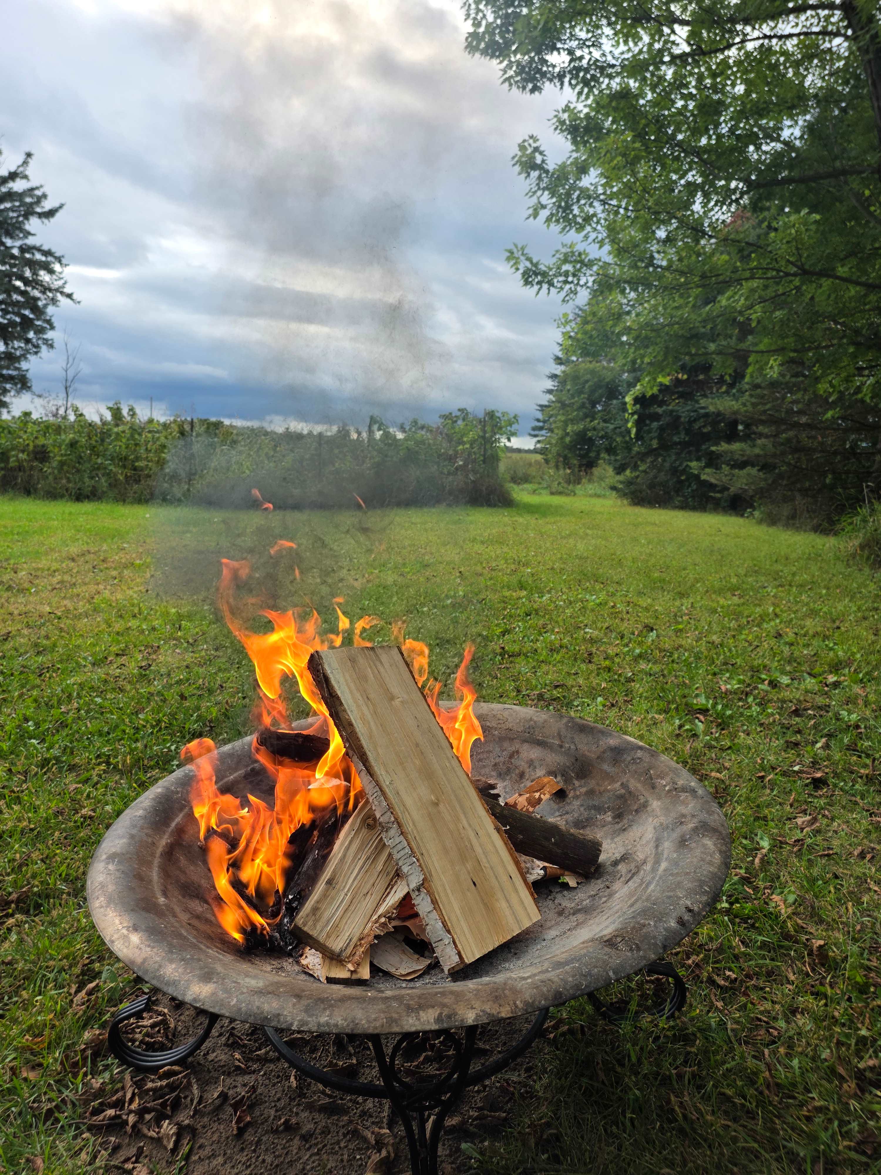 Nice dry wood makes for an easy fire between rain showers! 