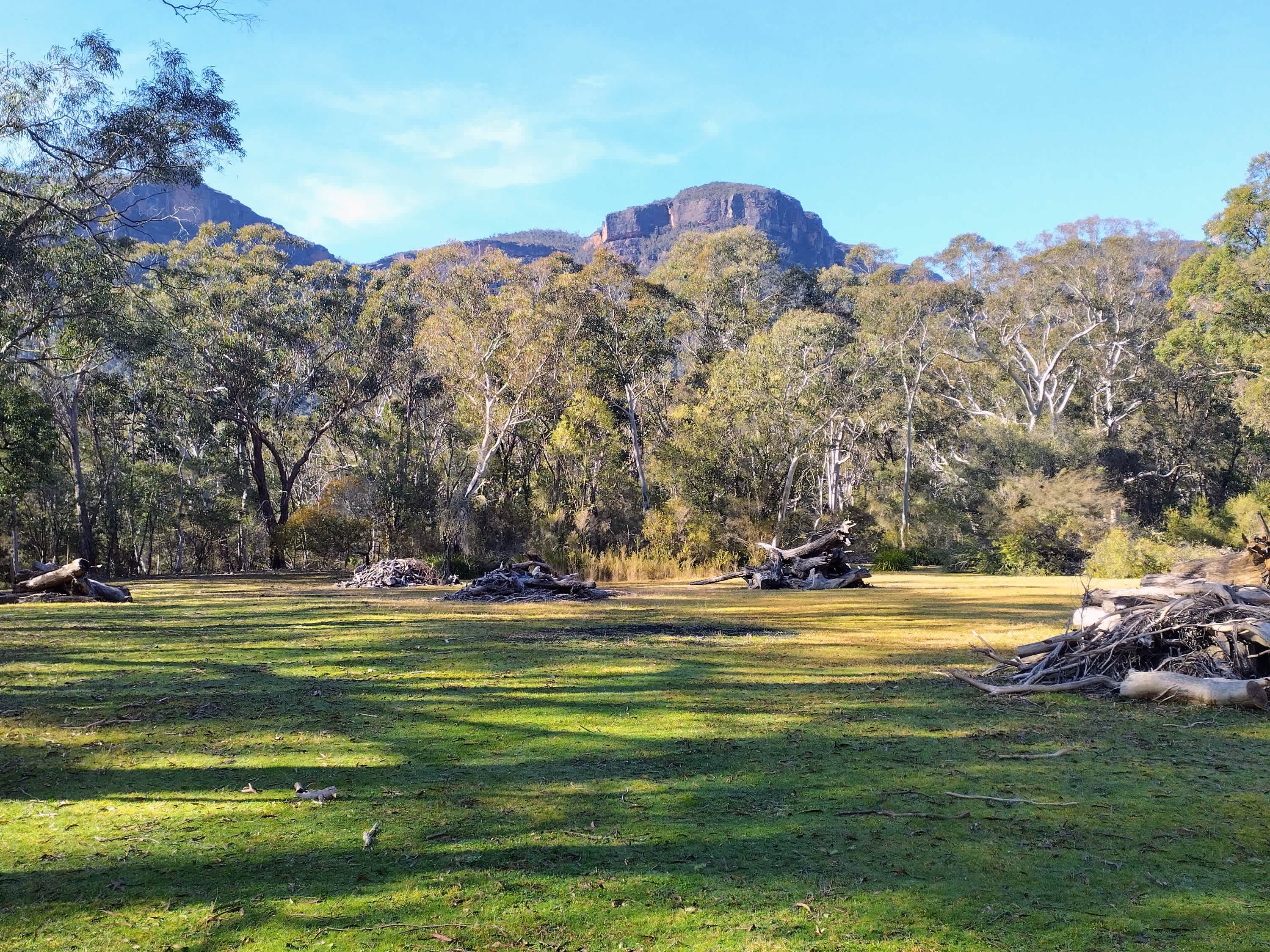 Looking across the flats up at Narrow Neck and Diamond Falls 
