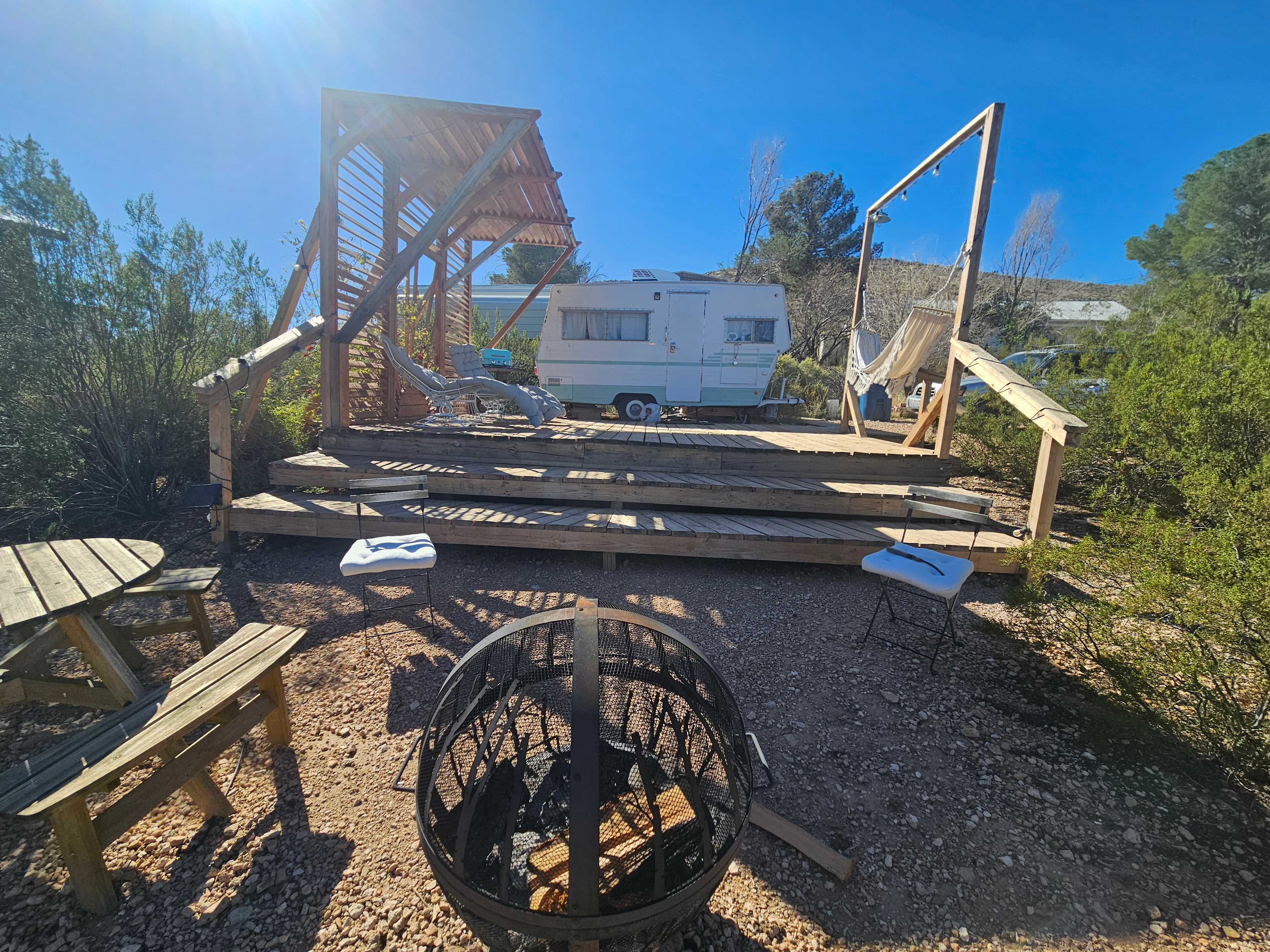 Retro Camper with Mountain Views