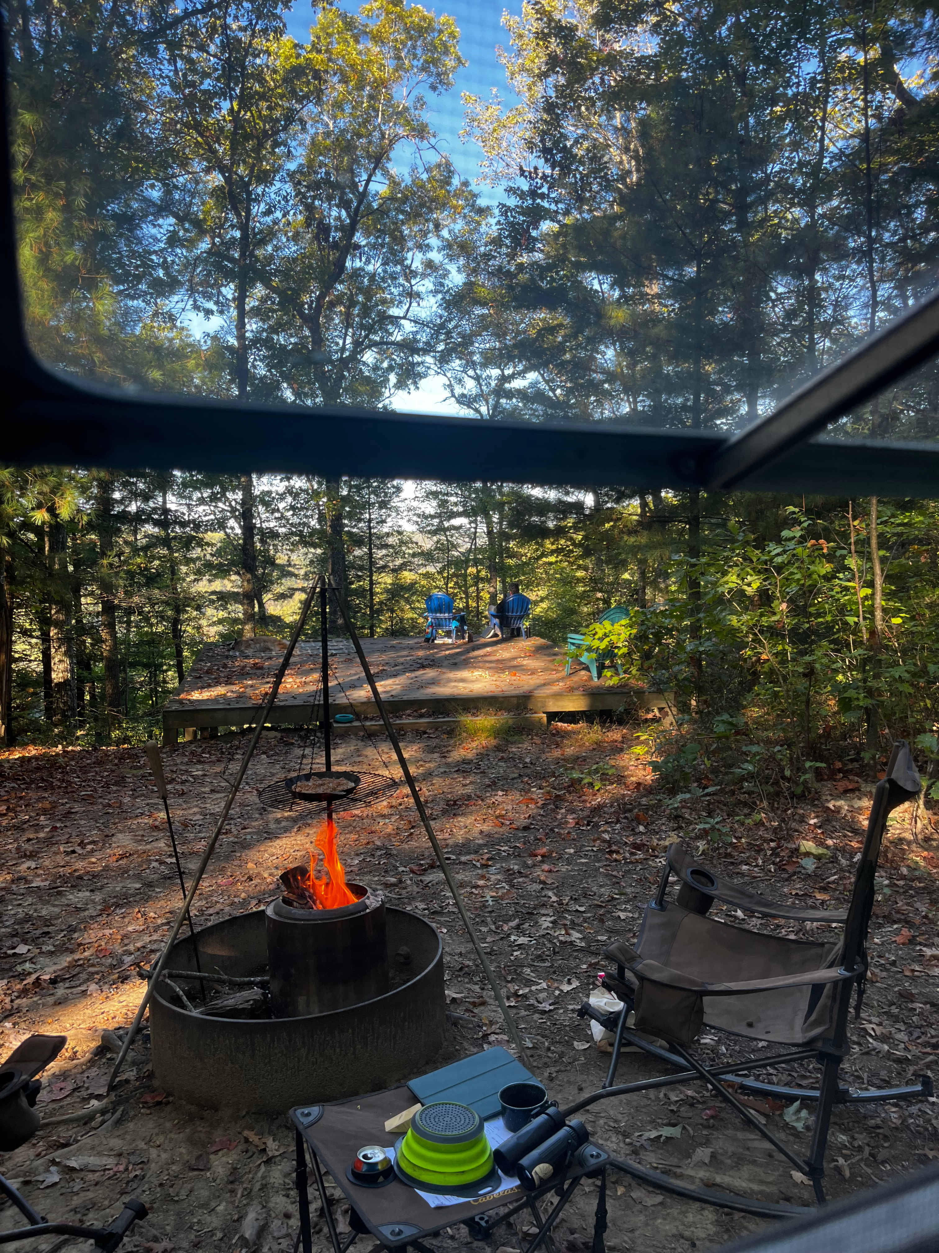 view from camper window looking out to deck