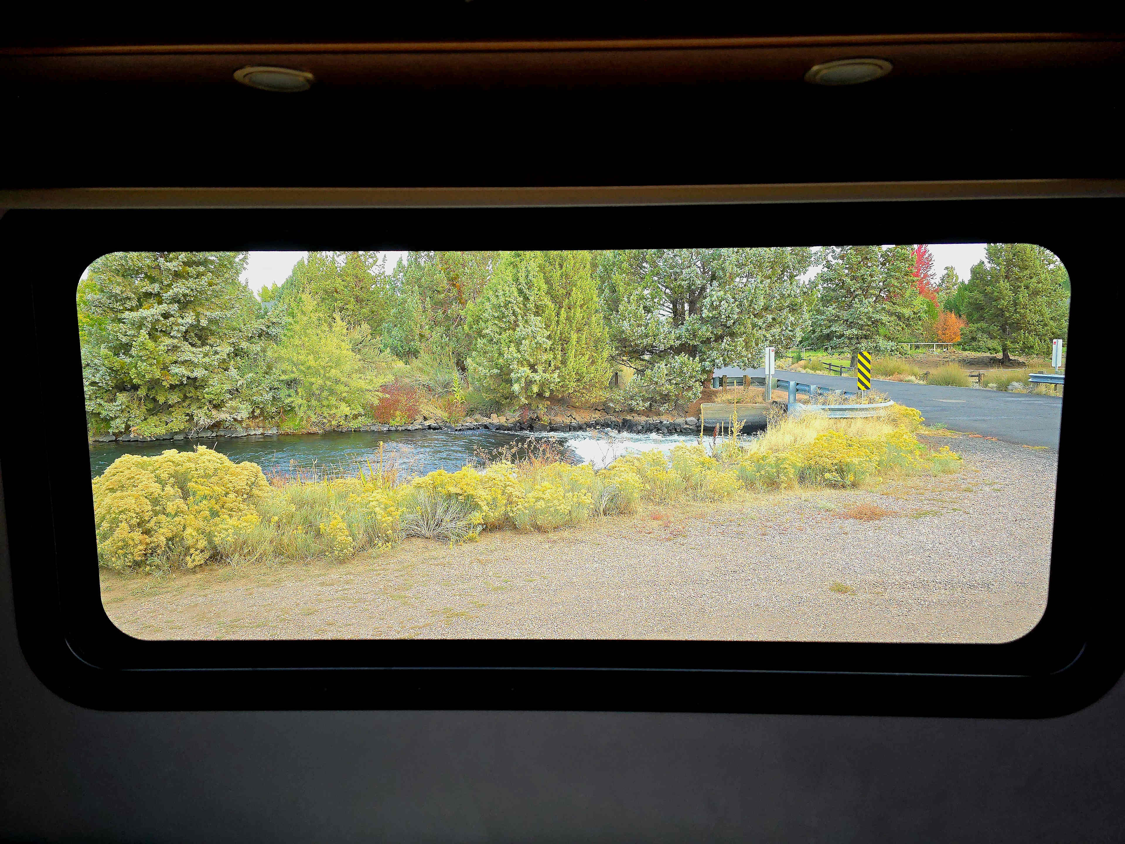 Out the back window. 