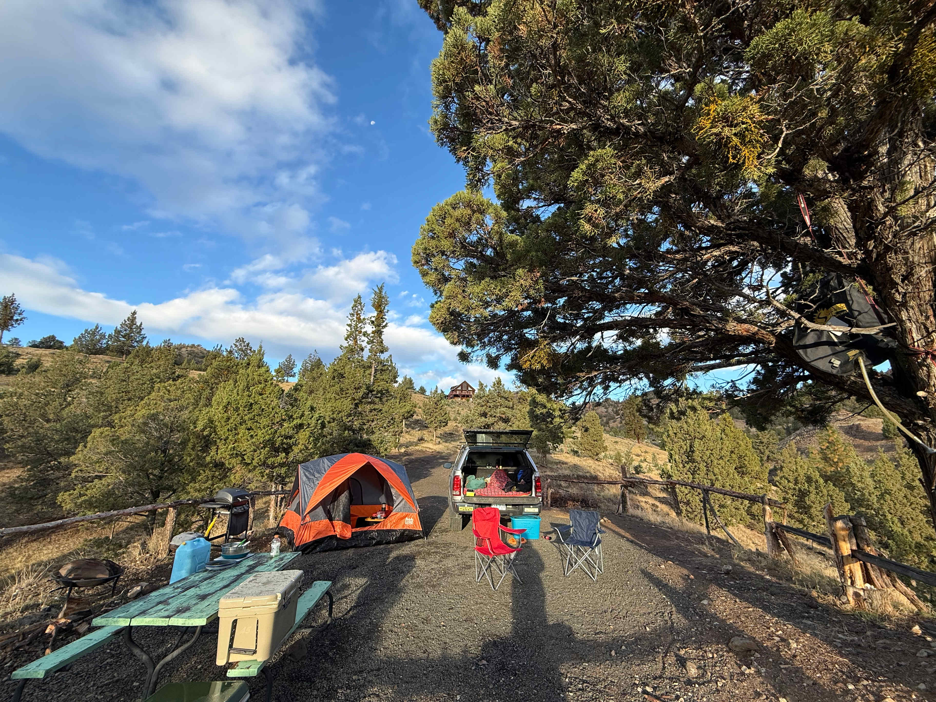 Great spot! House in view, along with neighboring friendly goats and very clean compost toilet