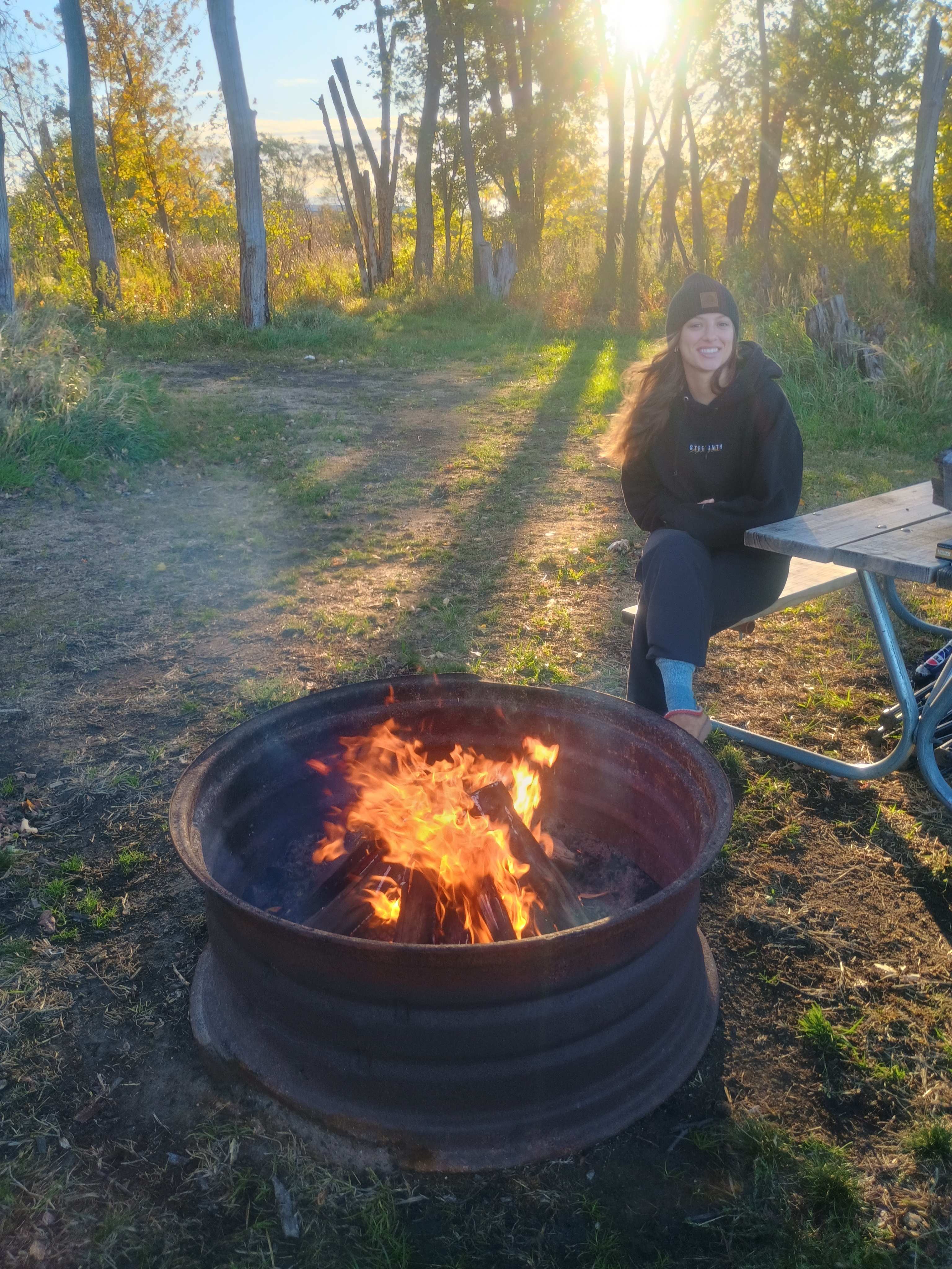 Warming up by the fire after a rainy, windy night! 