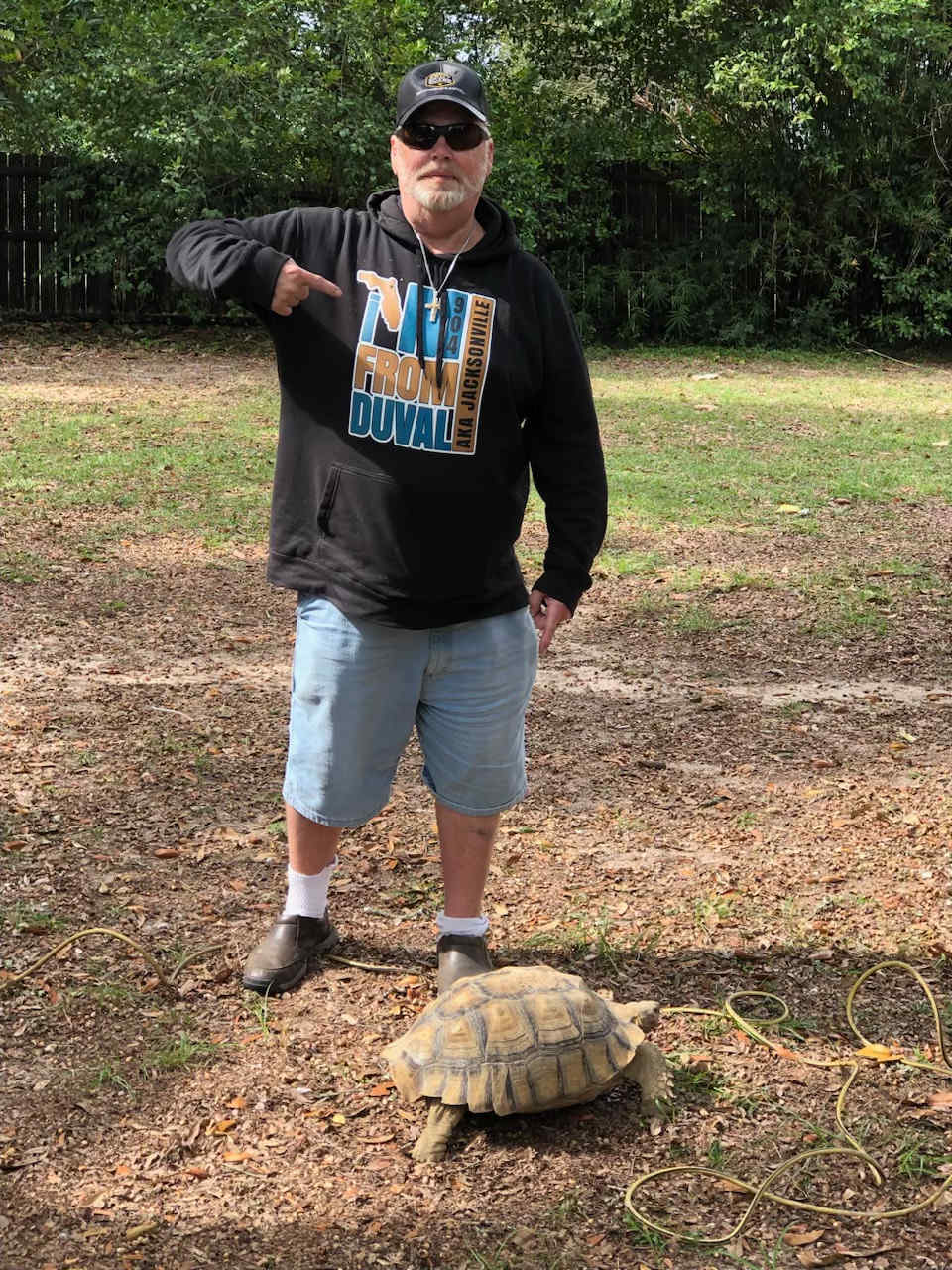 My Brother didn’t tell me there was a pet Florida Gopher Turtle inside the yard until I was surprised by the turtle walking by in the morning. He said,” I thought you would wonder all night. 