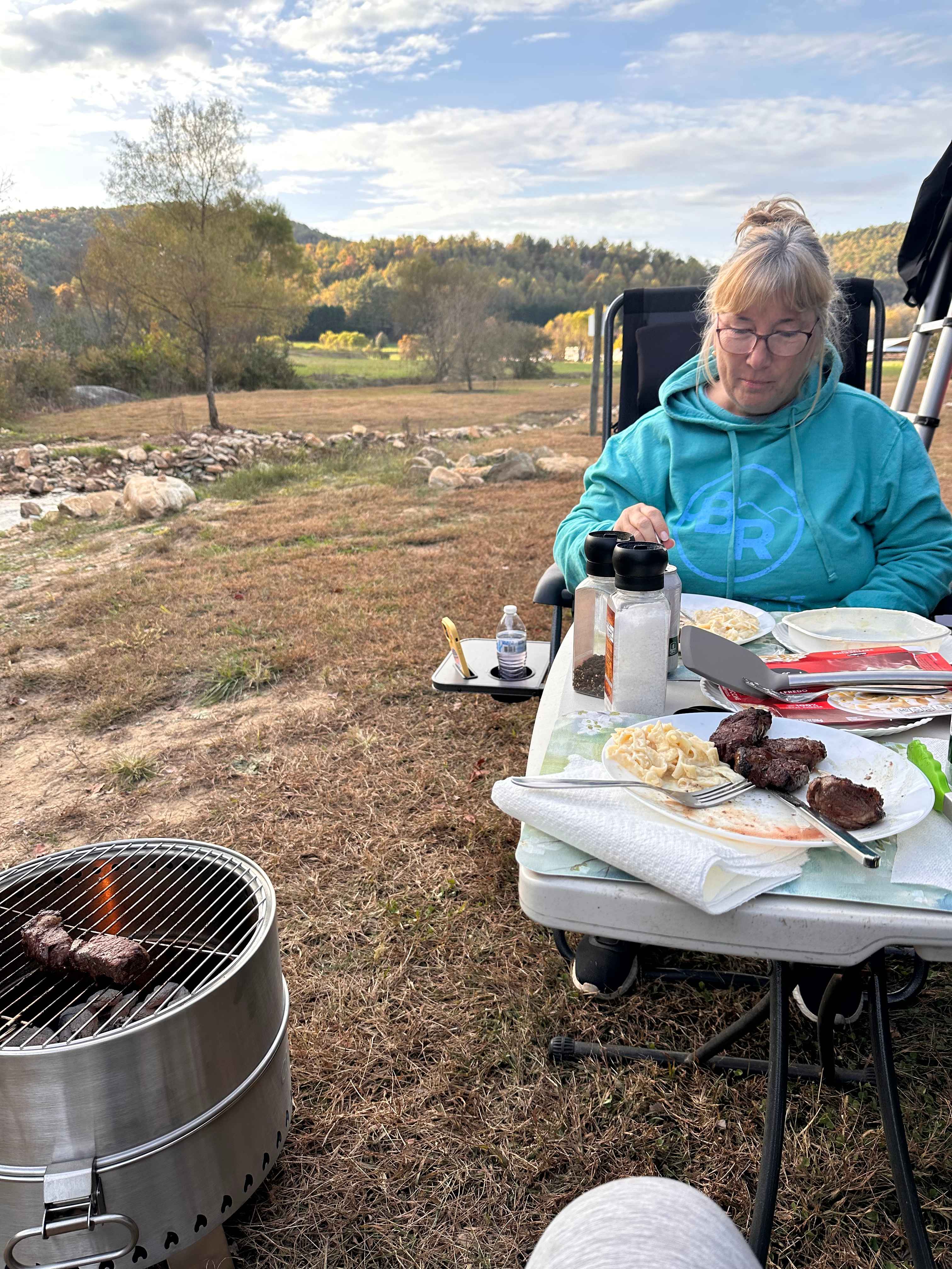 Grill Steak Dinner along the river bank