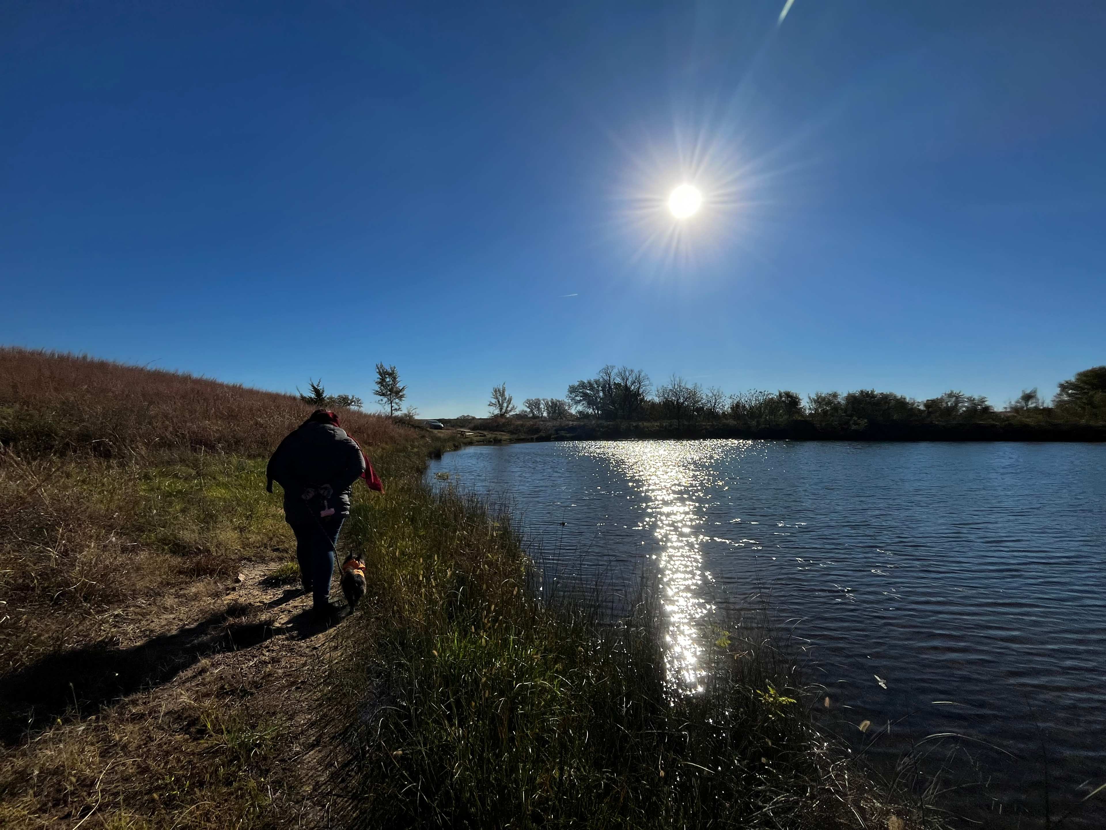 Walking along the lake with our pup