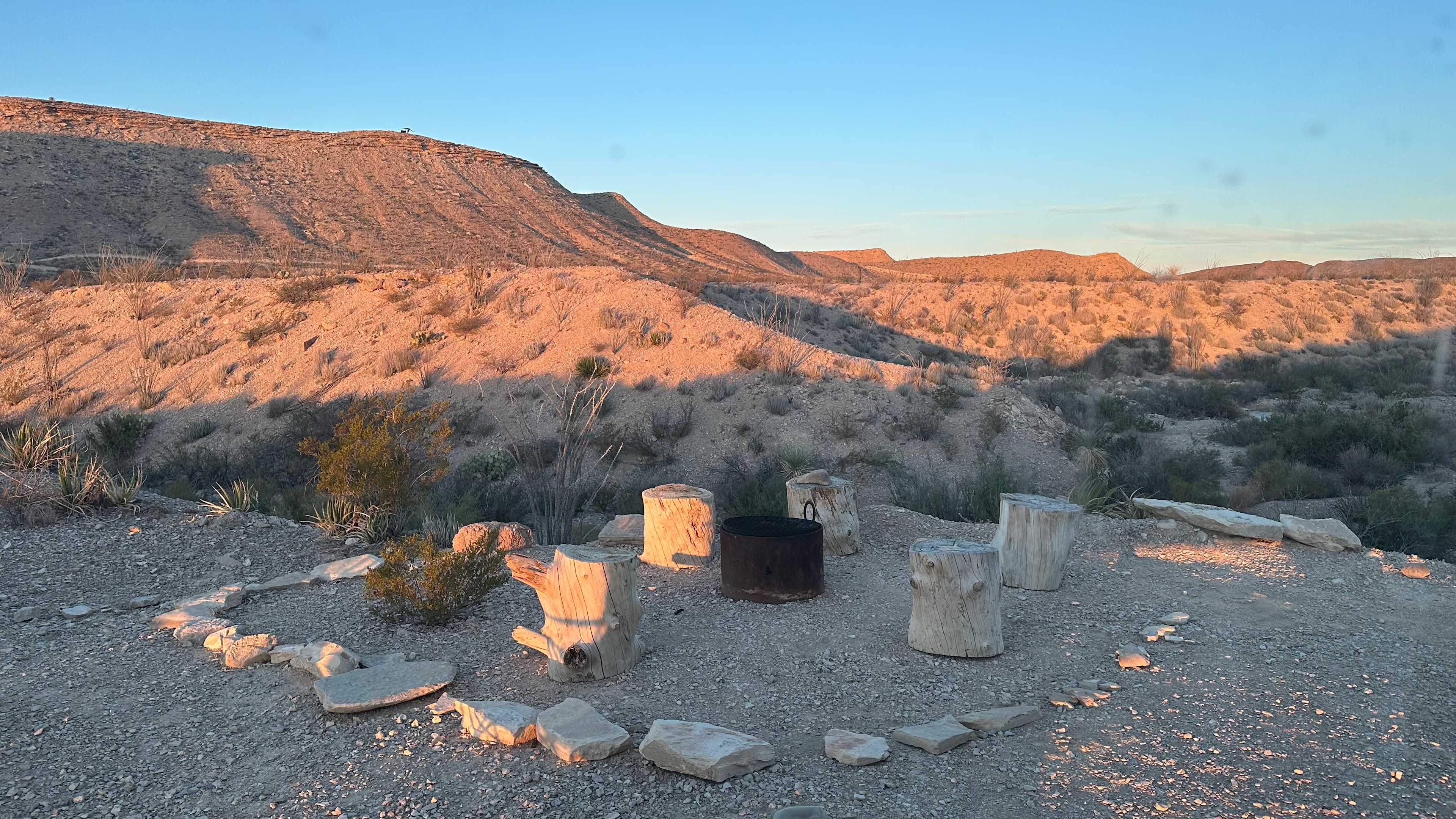 Fire pit at site 3, overlooking the dry riverbed and facing west