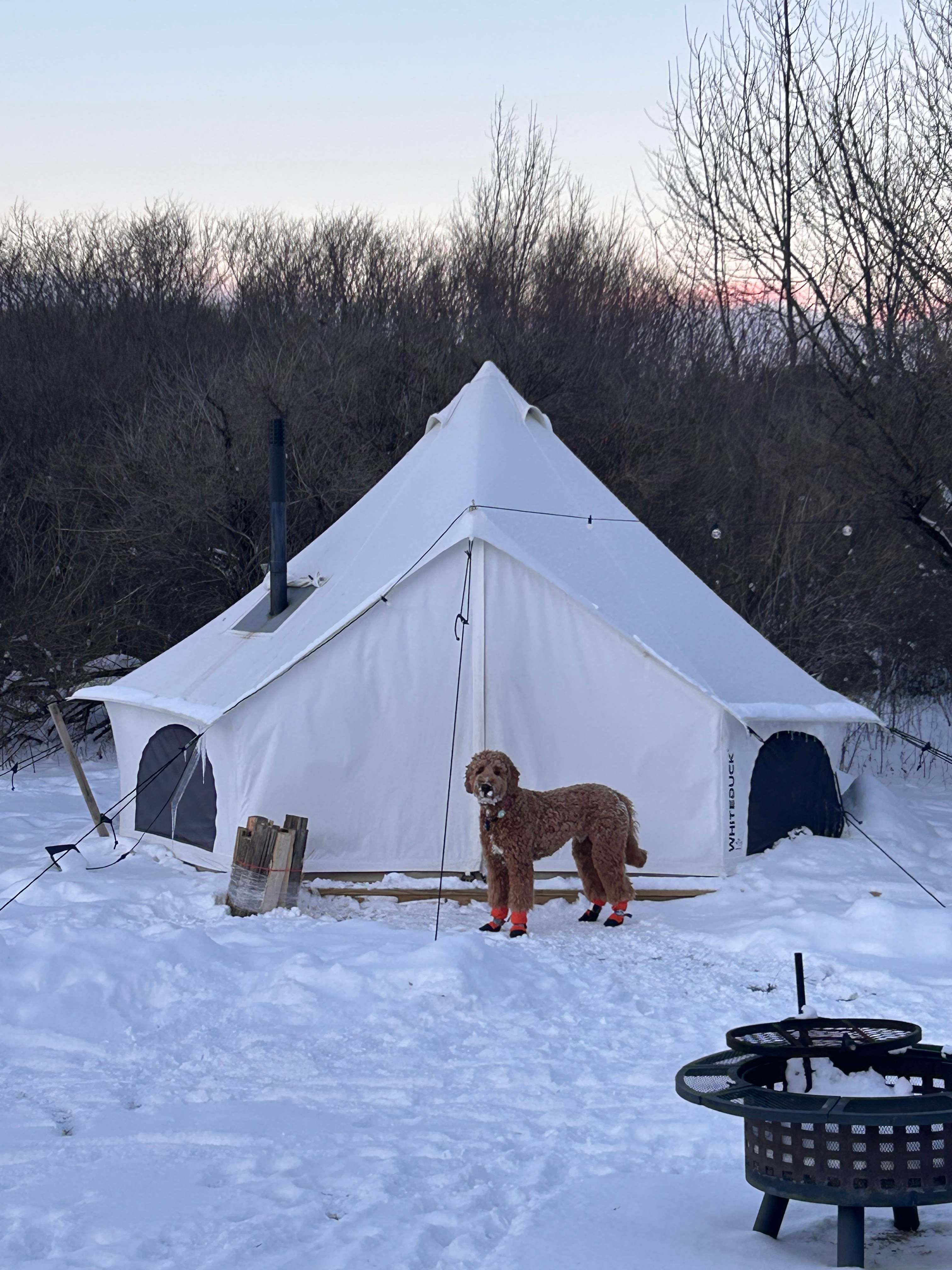 The tent with woodstove going.