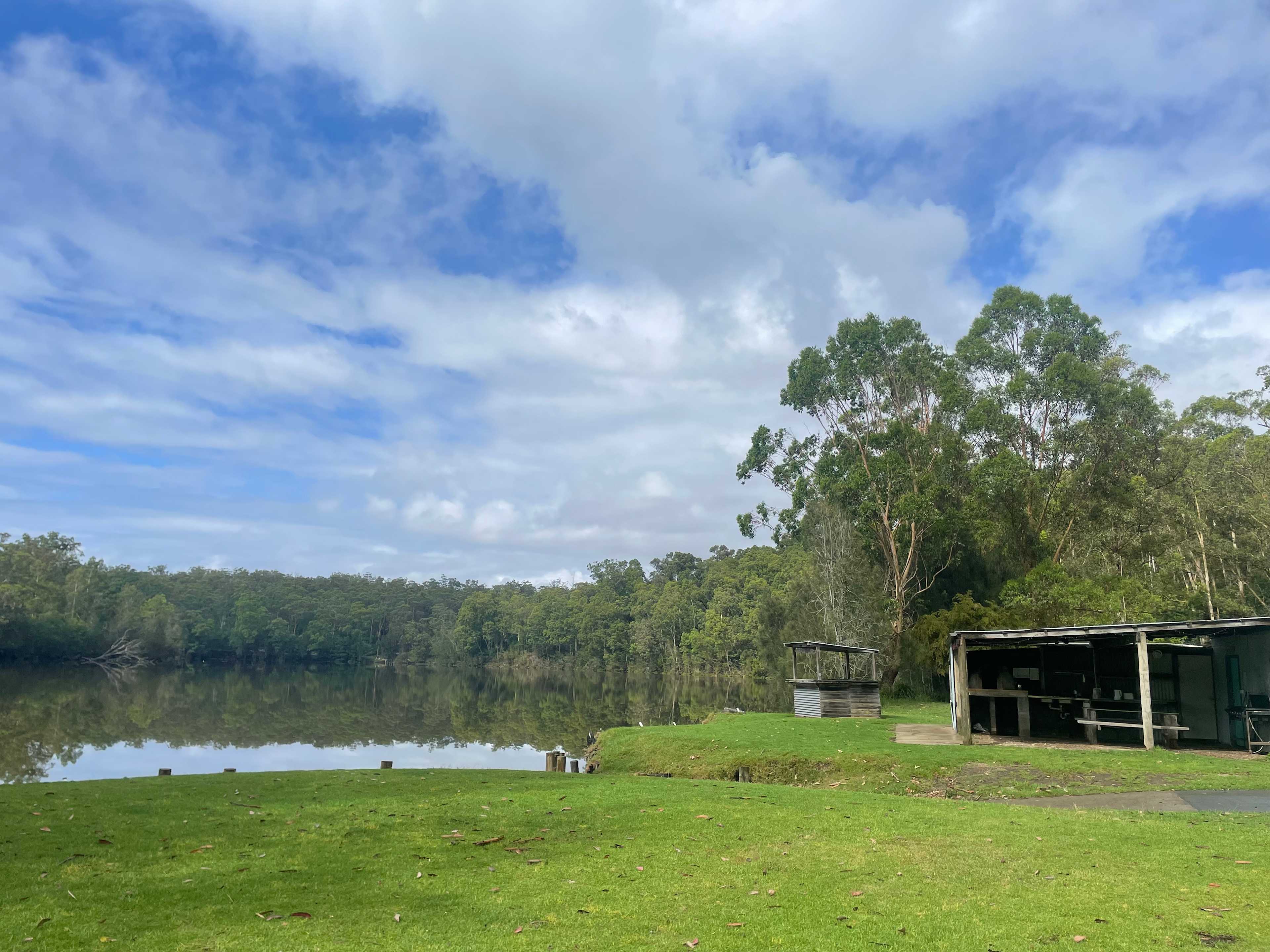 The camp kitchen, shower and river.