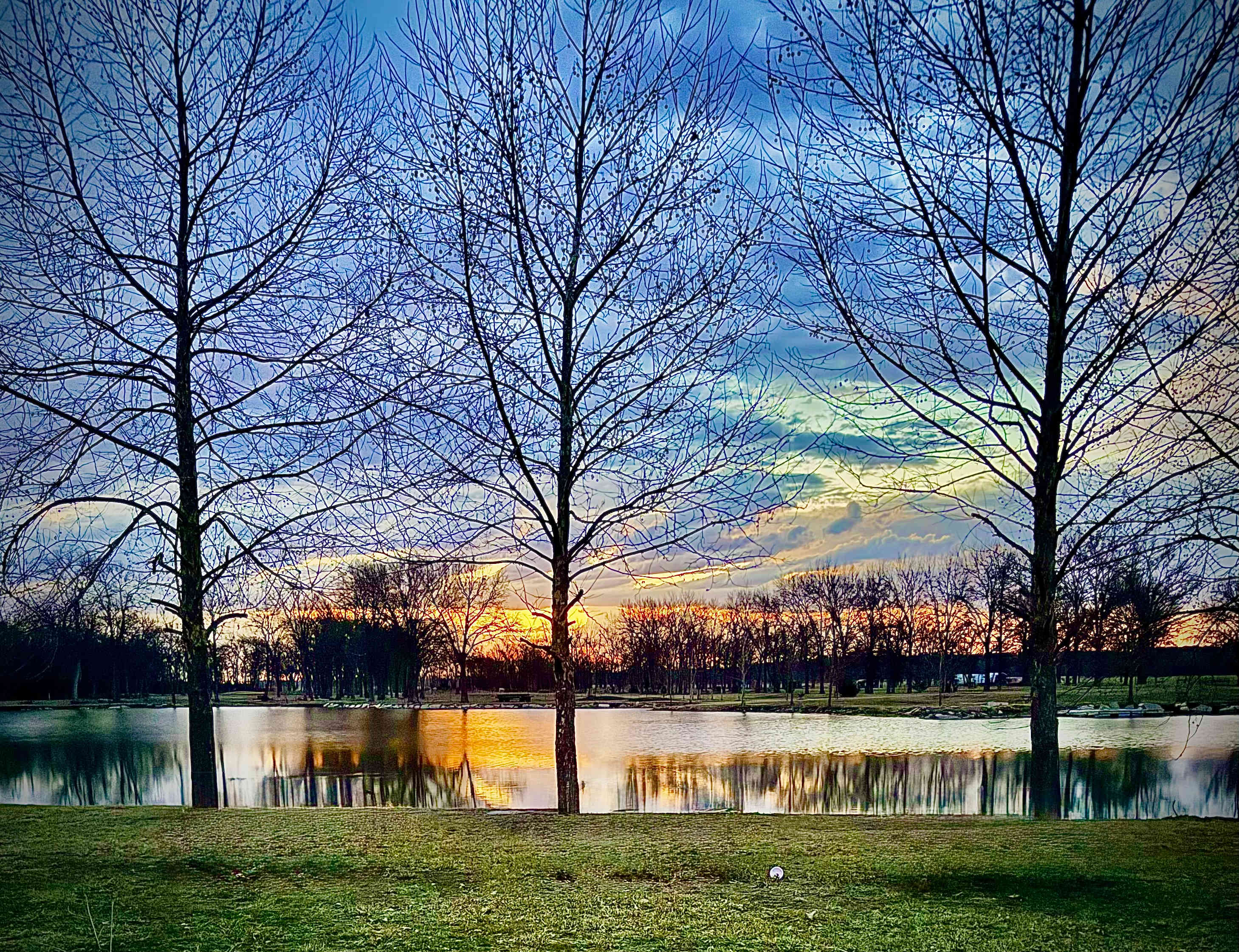 McStinky Pants facing the lake at sunrise 