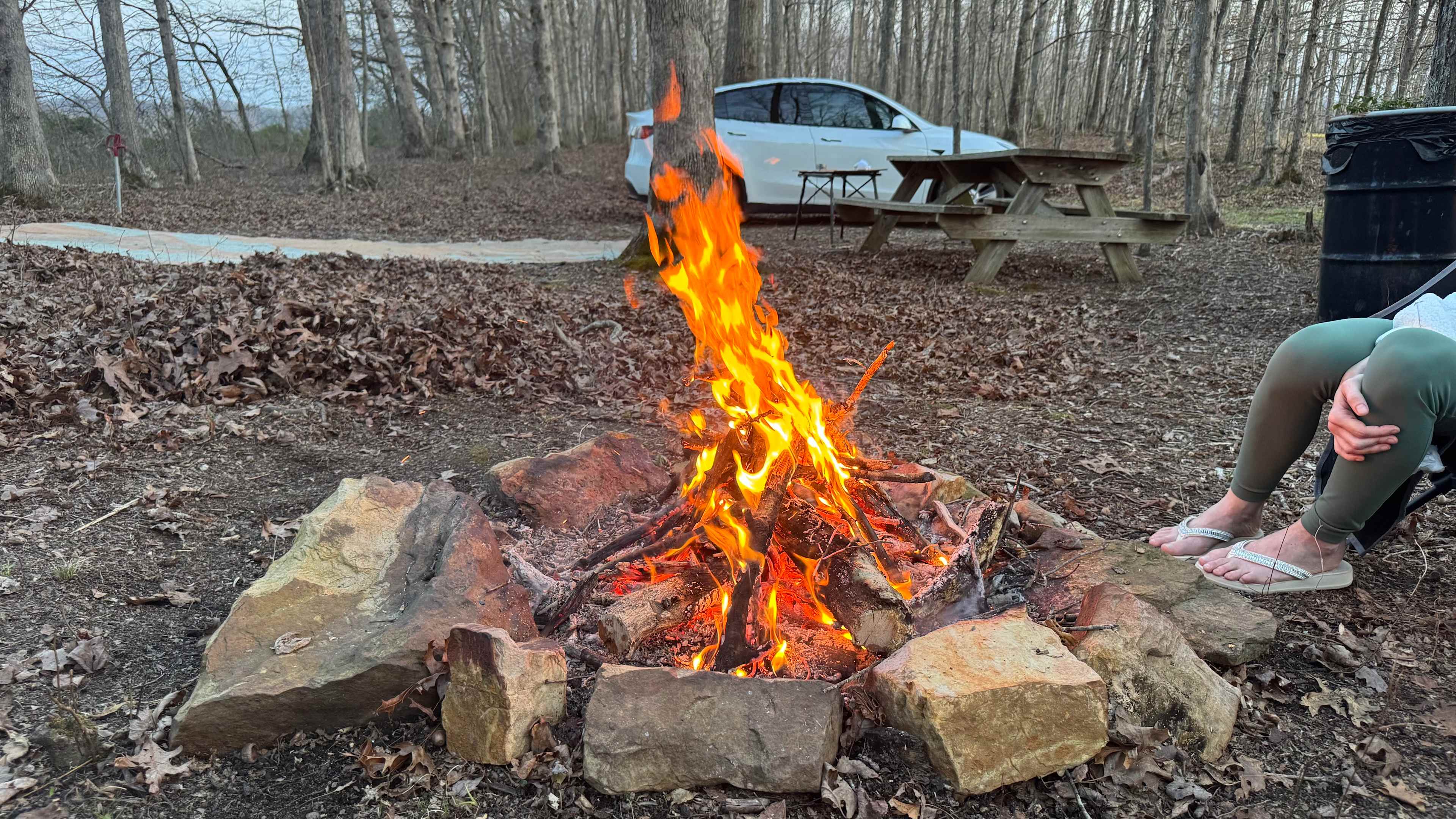 Fire pit, picnic table, trash bit, tarp on the ground - all included