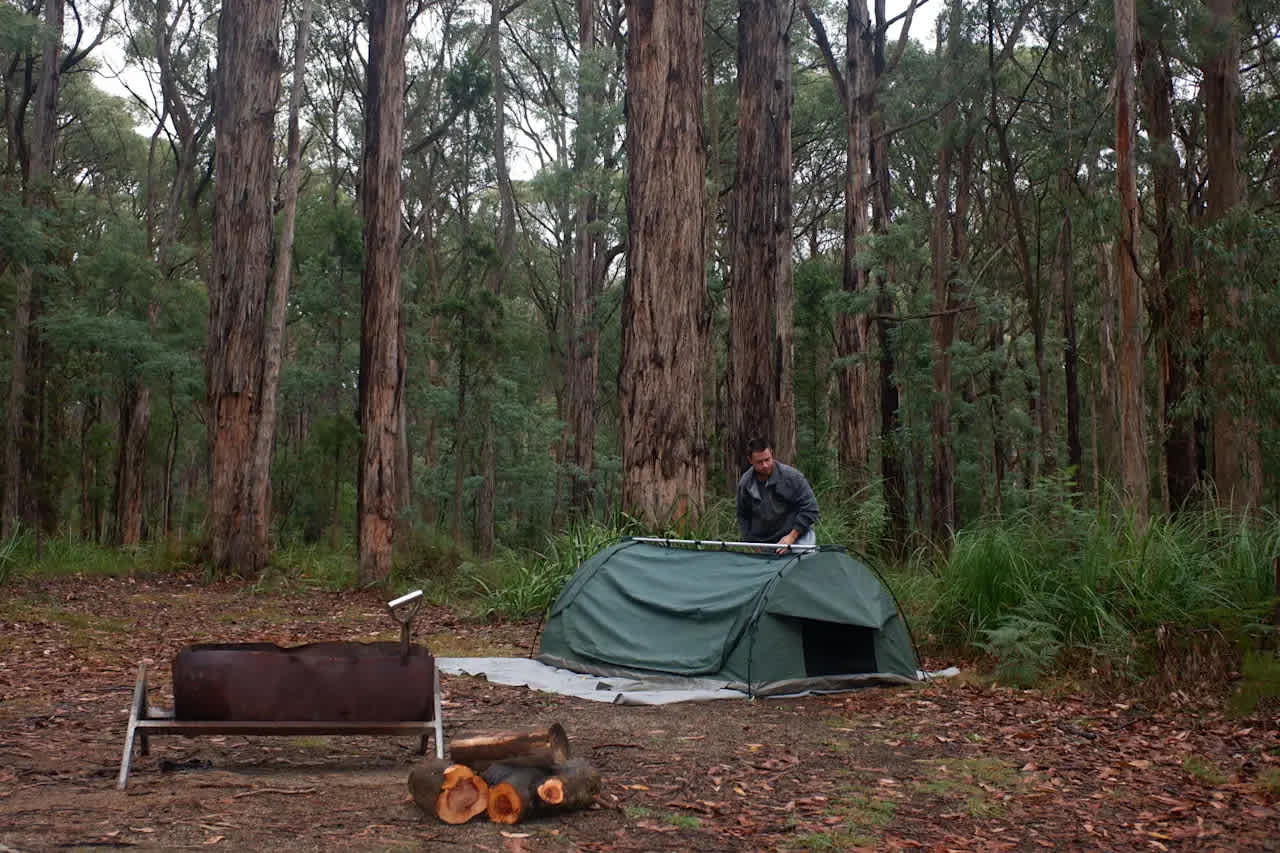 Bush Campsite with Fire Drum. Wood gathered from the area.