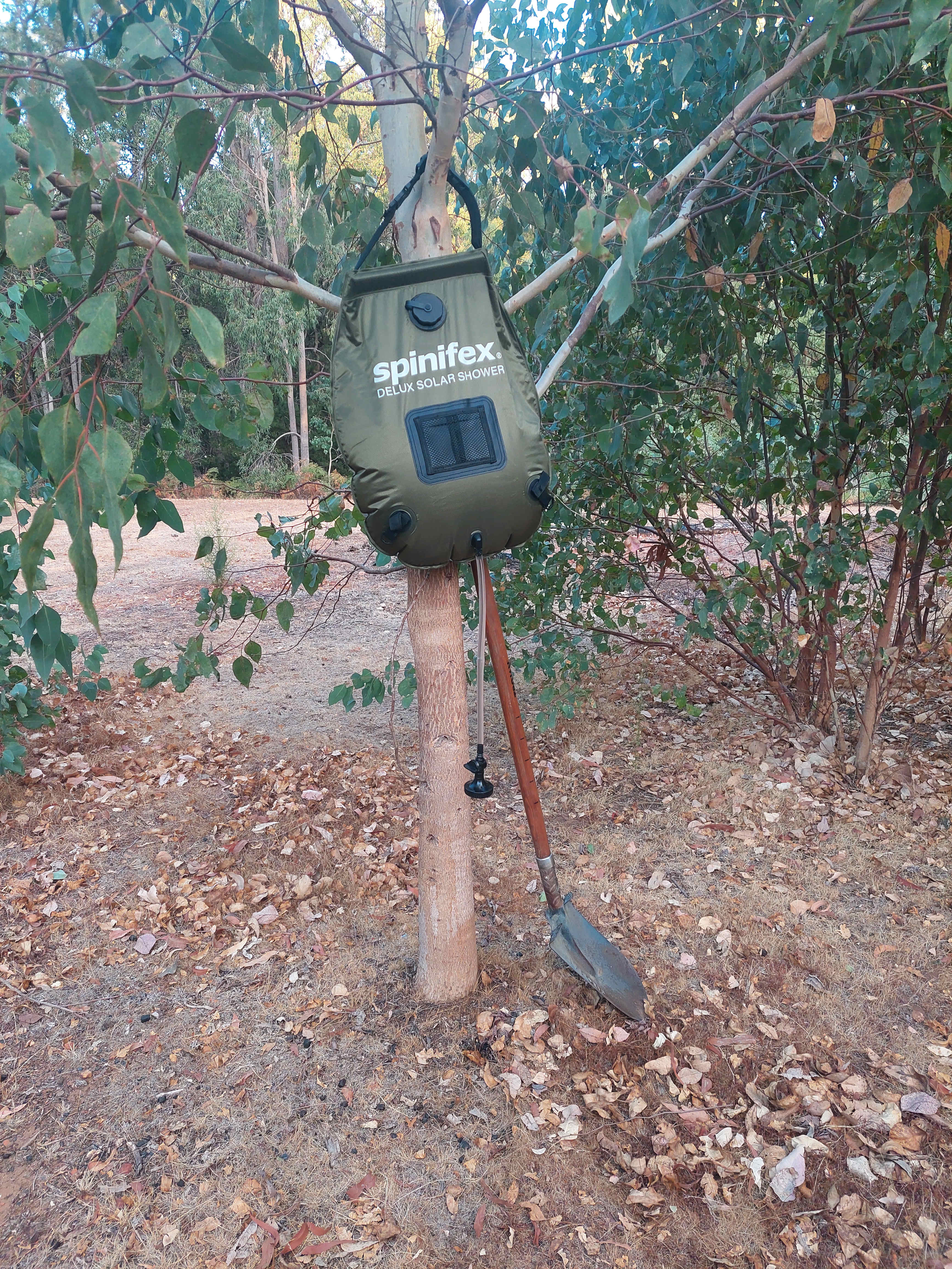 There is a toilet on site, so we just brought our camping shower. The actual camp-site is lovely: its amongst very young gum trees. 
