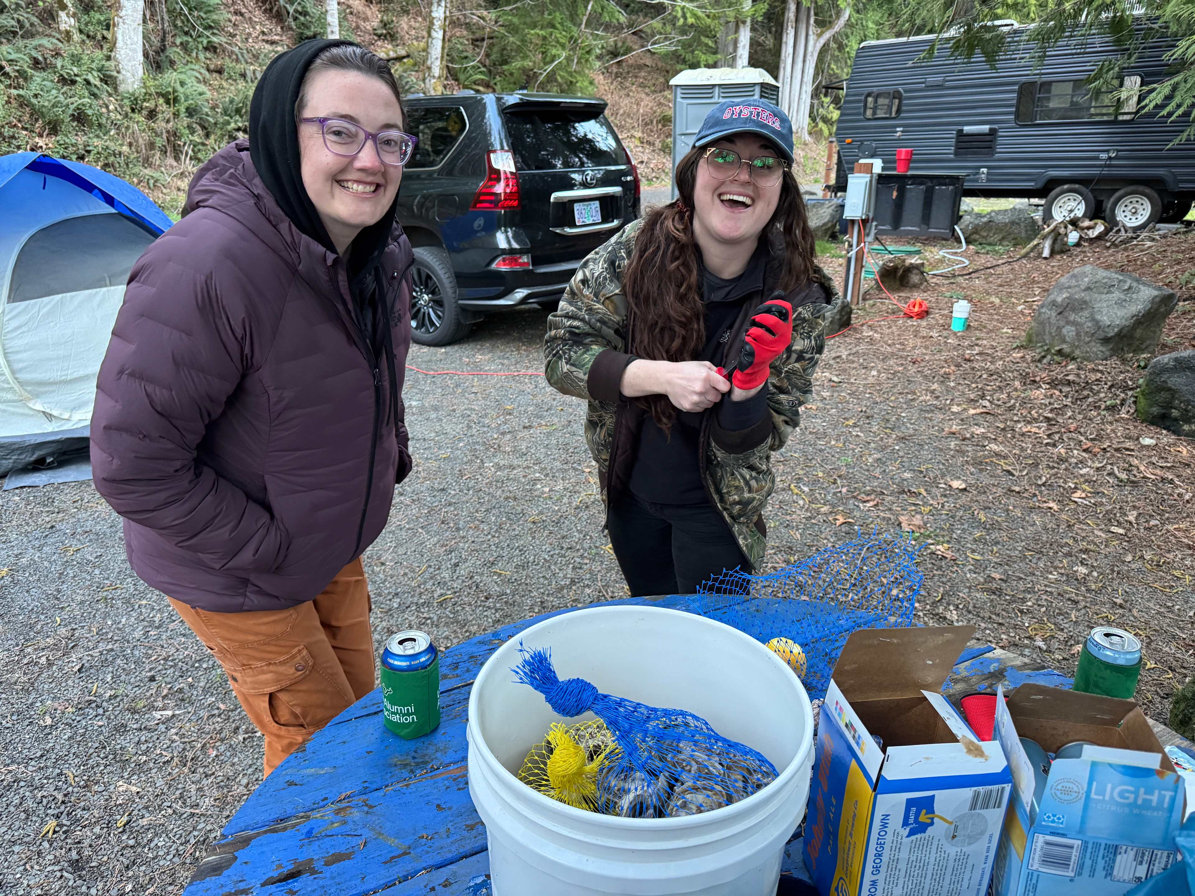 Shucking oysters back at camp