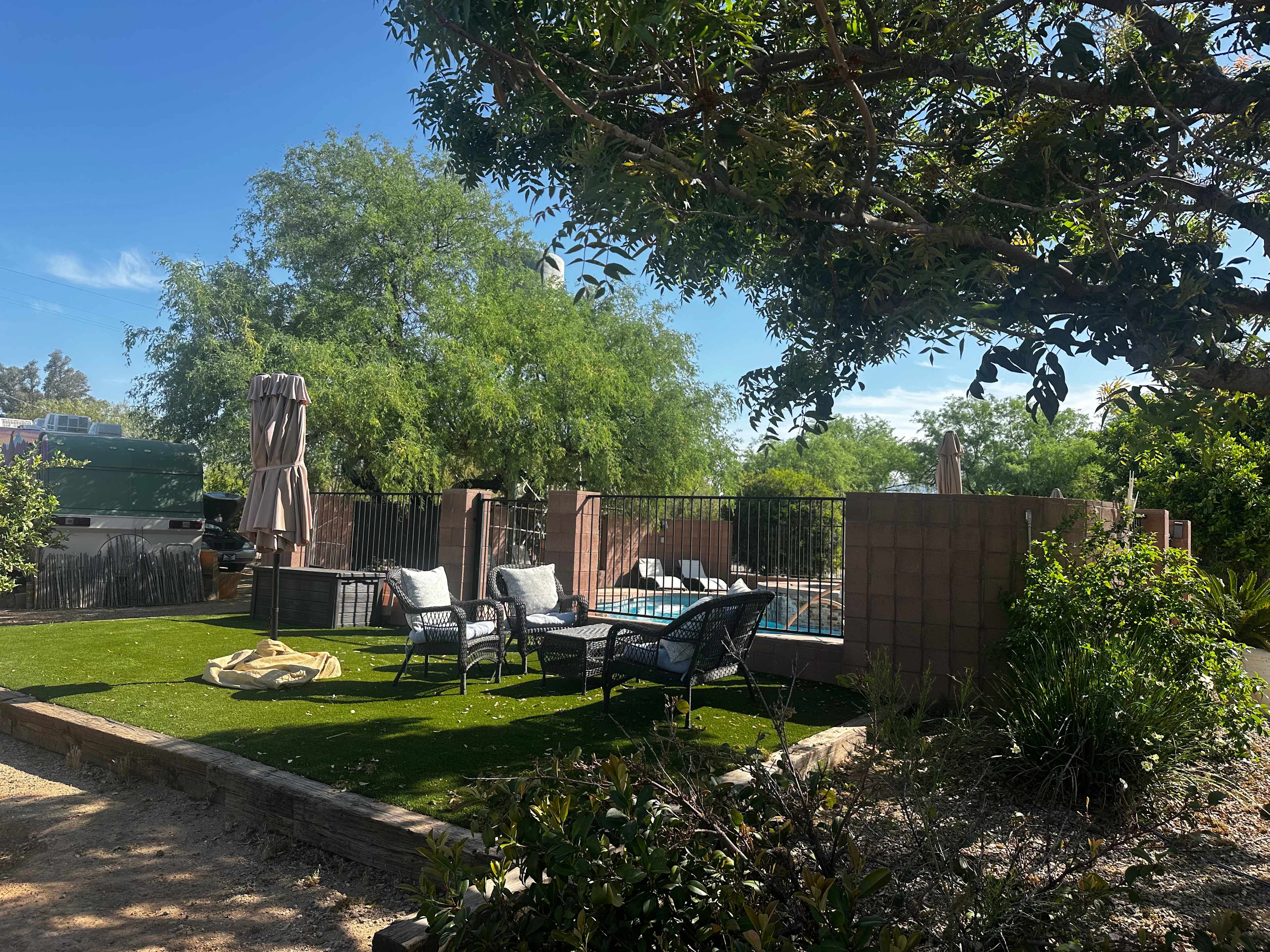 outdoor sitting area and pool