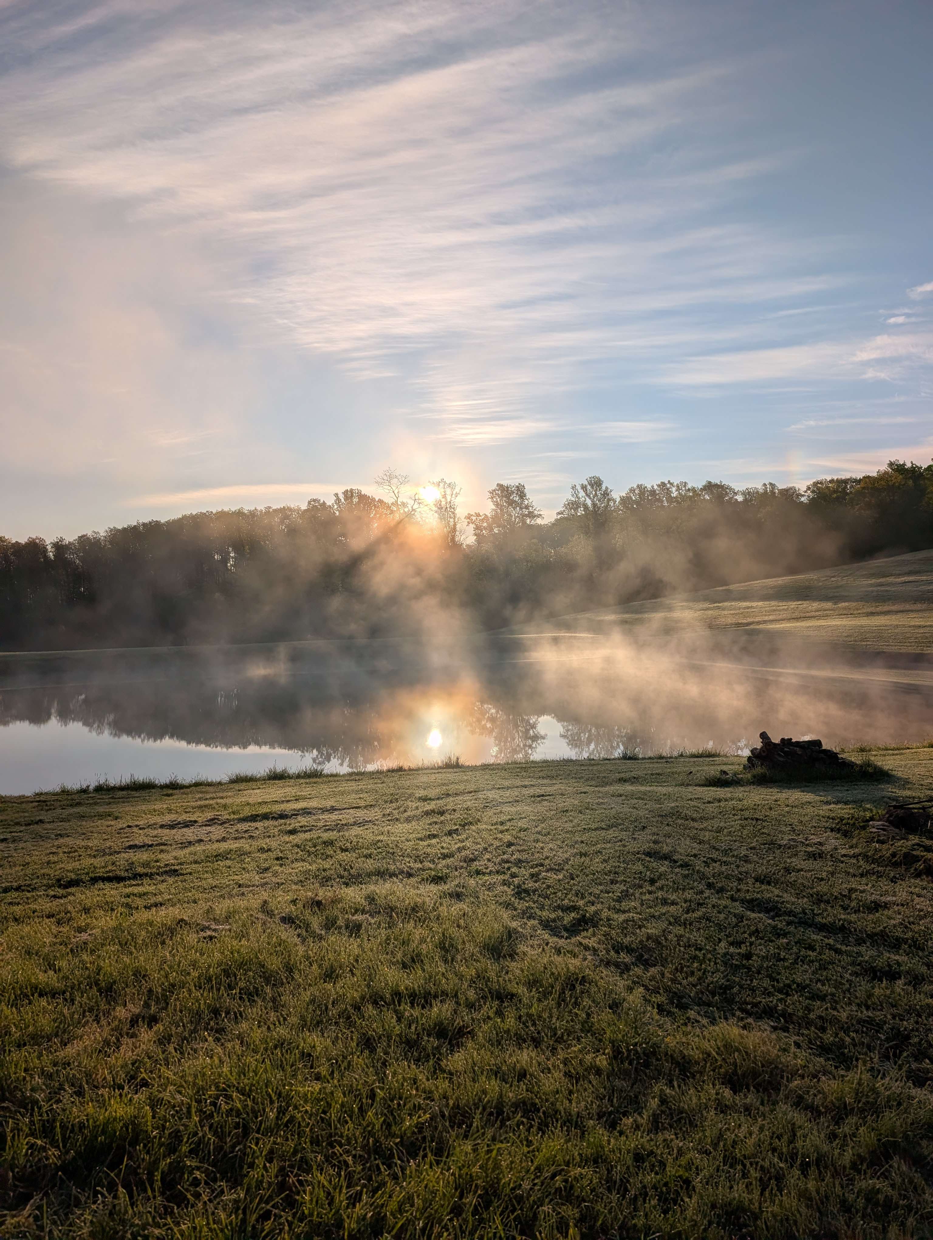 Views of woods, pond, and sunrise