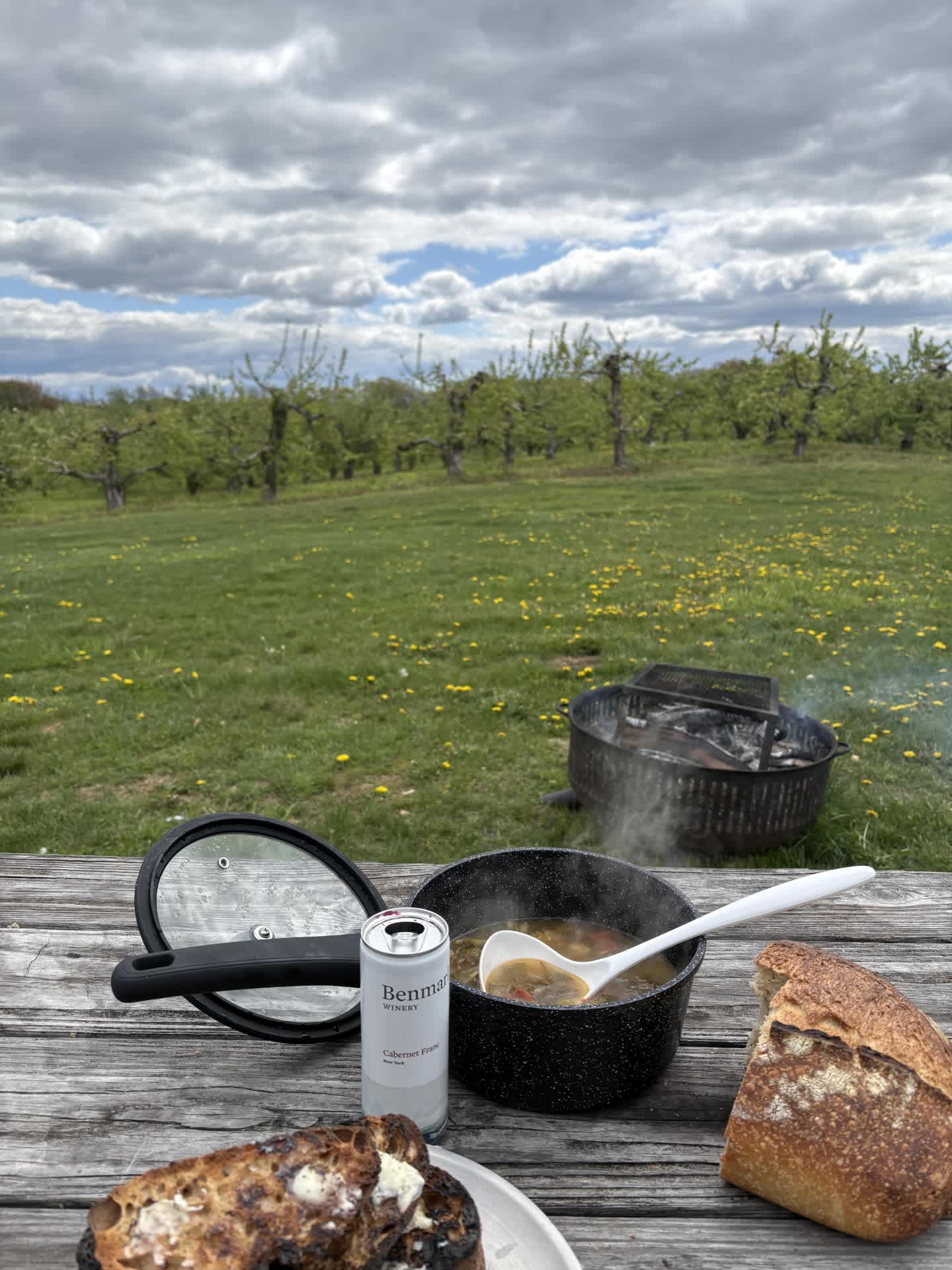 Soup, bread and wine from Wright's Farm