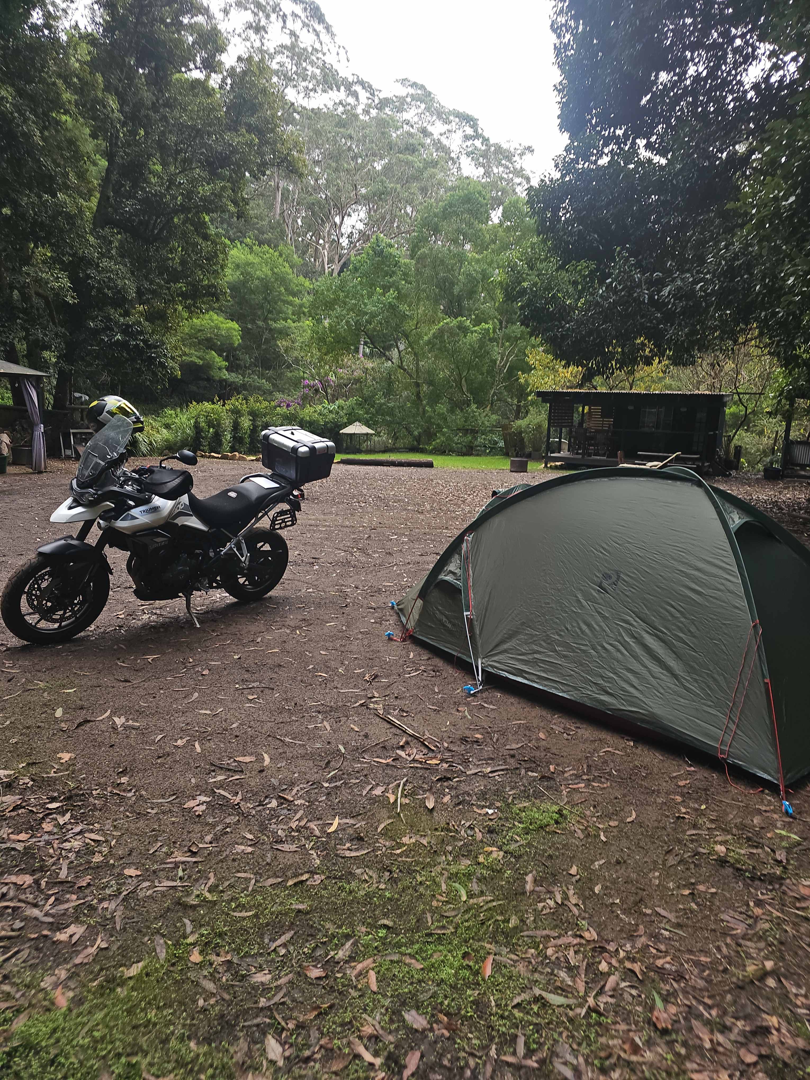 Motorcycle tent set up.