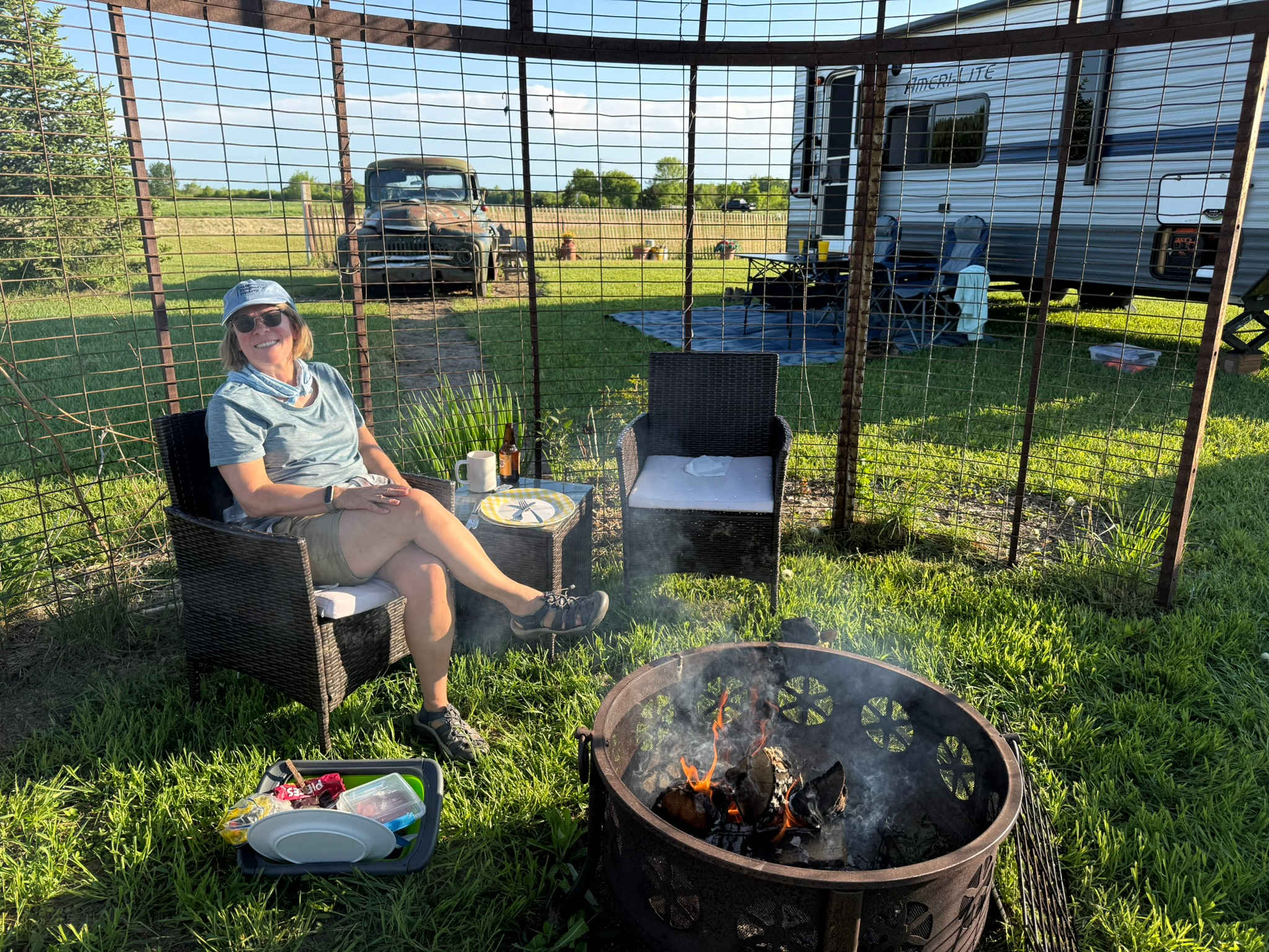 Our site was the corncrib turned firepit sitting area, with antique international harvester pickup truck.