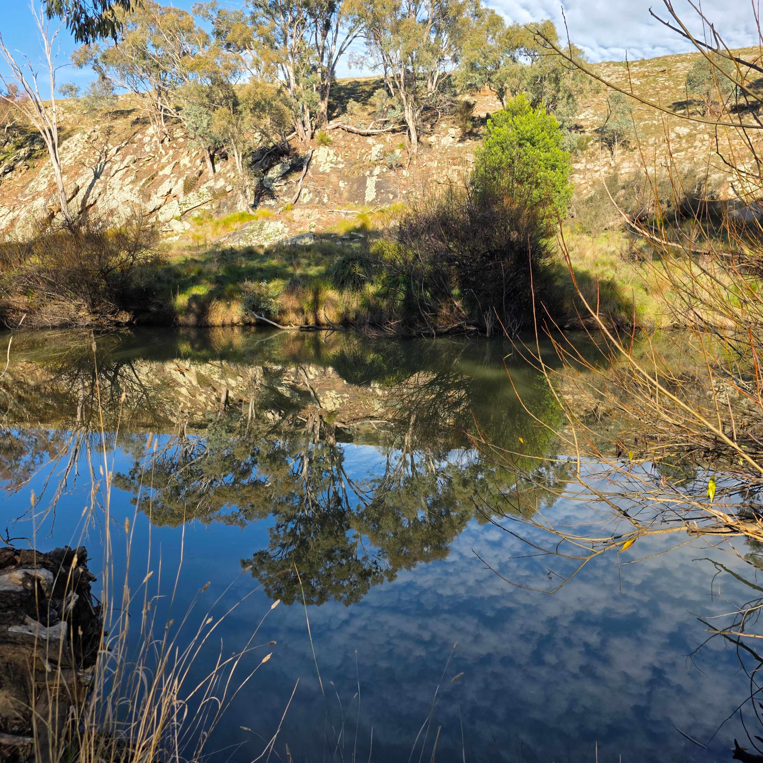 River is about a 200m wander.  Fresh running water.