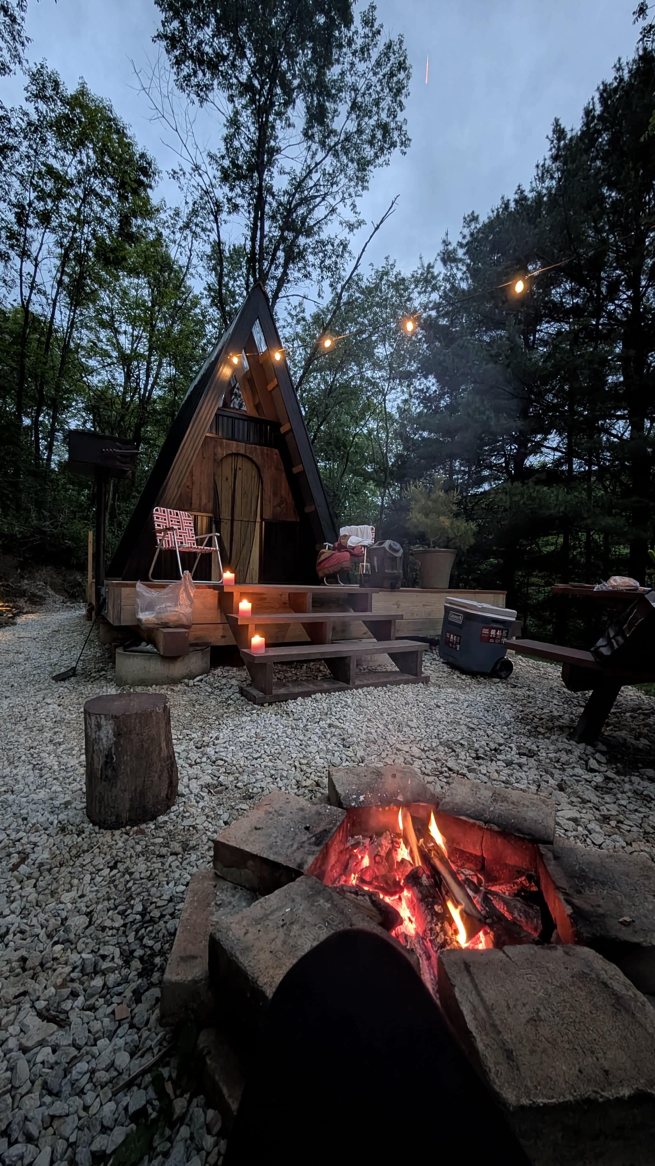 Cabin late afternoon by the fire