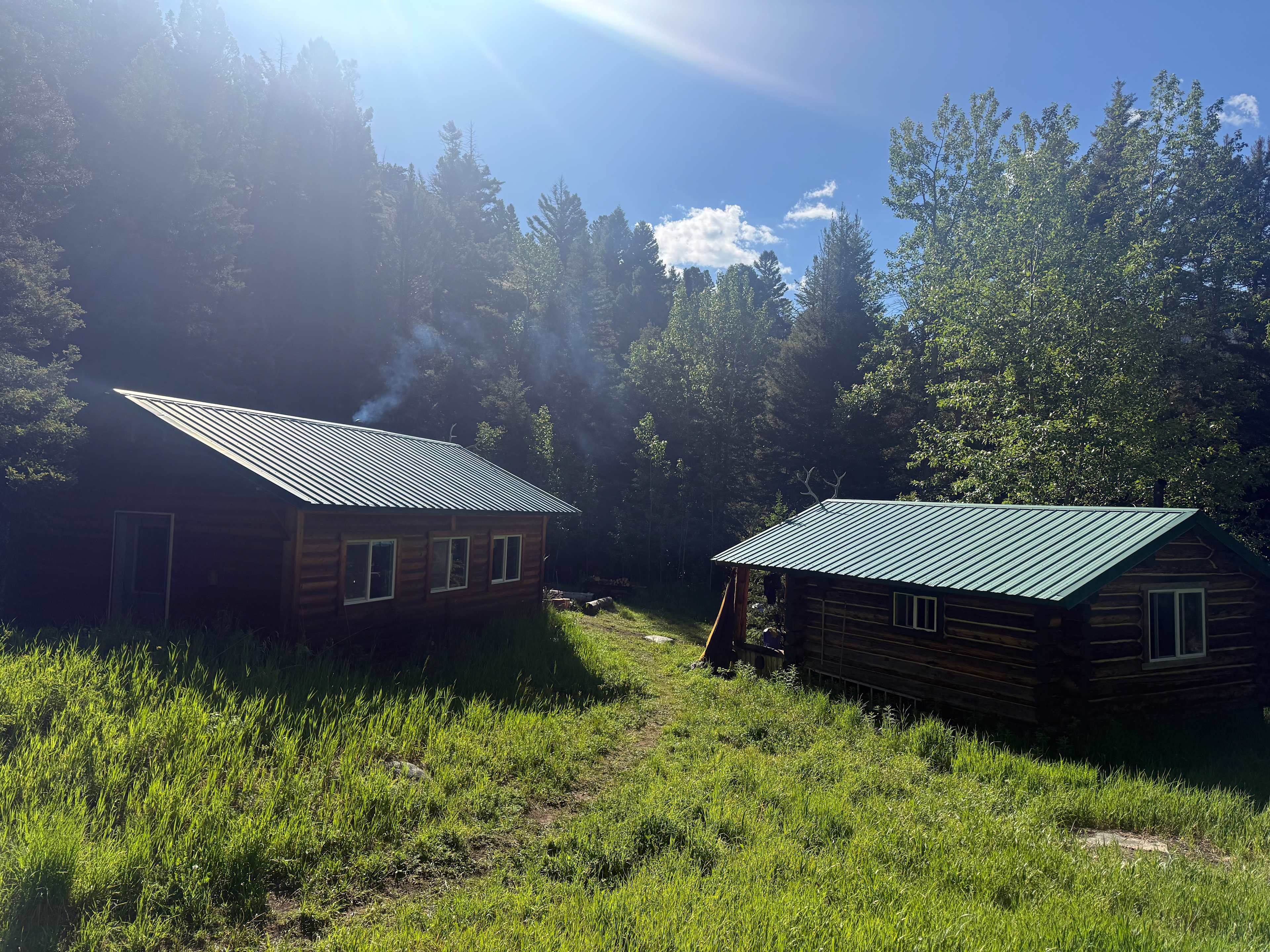 Morning view of cabins. The meadow goes back for acres and there is a trail into the woods and by the creek to explore.