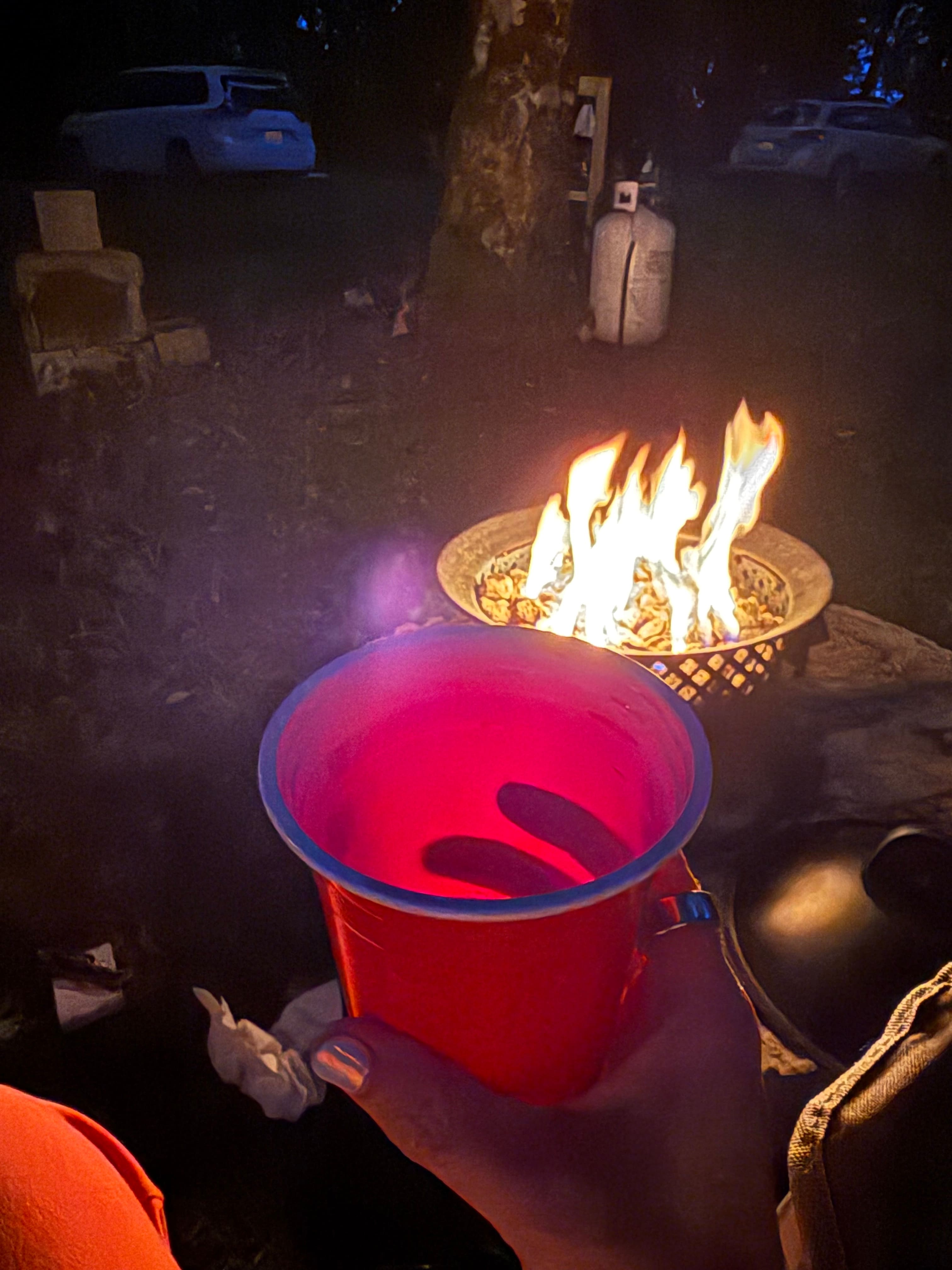 Propane fire pit all set up for guests to use!